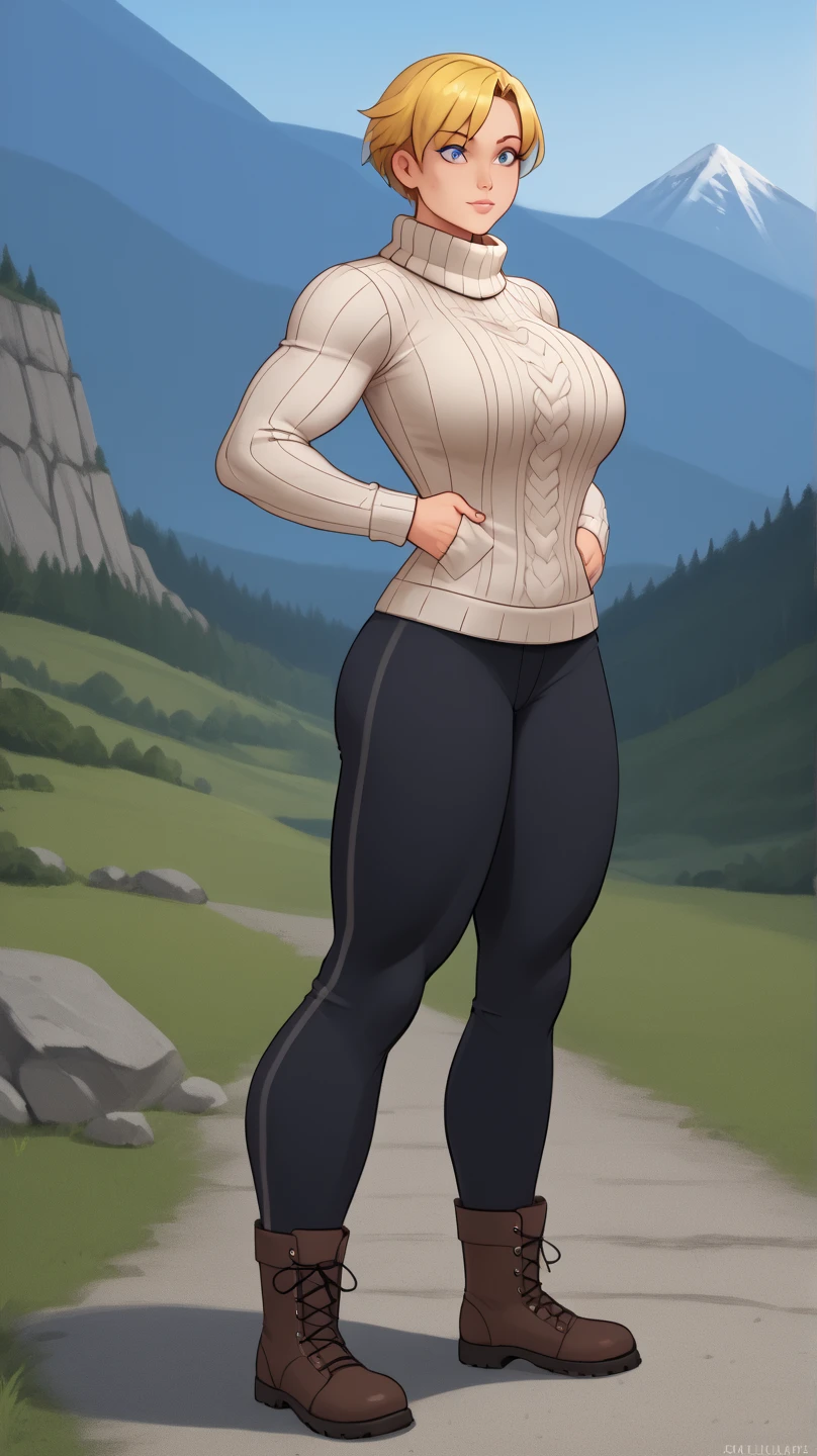 (((sfw))), Fullbody view, hypermuscular 40 yo milf, large bulging breasts, strong athletic muscular, massive bulky extremely muscular, breathtakingly beautiful muscle woman, steel-hard hypermuscular body, gentle feminine, muscular powerful bodybuilder physique, perfect flawless musculature, wearing  (outdoor outfit), hiking boots, bagy pants, warn sweater,  (survivalist: 1.3), muscular arms, mountains andforests,  misty ((outside))