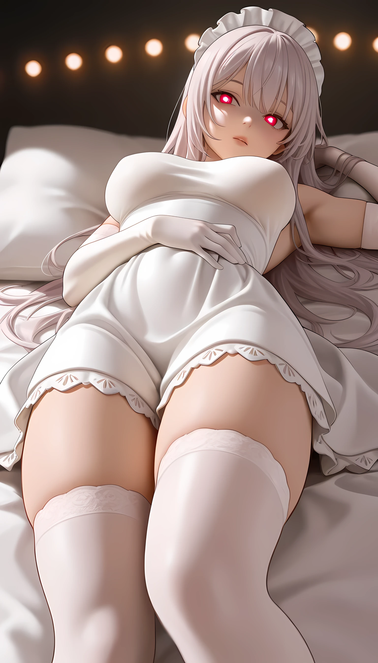  A girl,  medium breasts, Japanese smelly eyes, fringe,  elbow length gloves,  knee-high socks, Realistic lights,  detailed eyes ,  Athletic body, Wearing a short white maid dress,  big boobs,  long hair,  thick legs , short woman ,  Sensual Pose, art with outline,  open legs , close, View under the dress, lying down, close up of breasts 