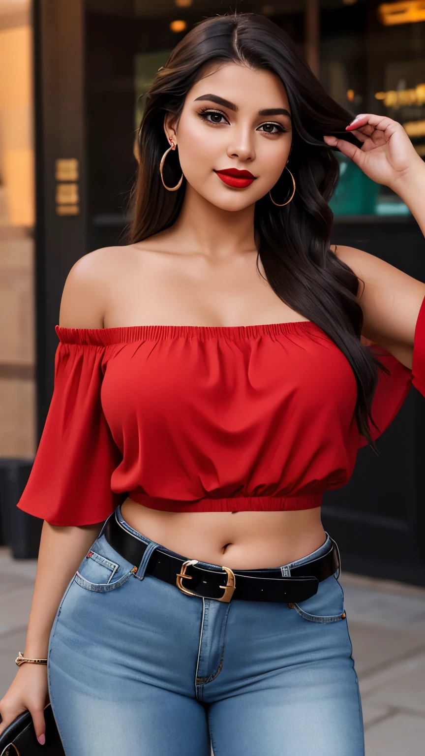 Beautiful 19 year old brunette girl with big earrings and thick legs wearing a red one shoulder top and high waisted jeans with a belt with her T shaped belly button showing