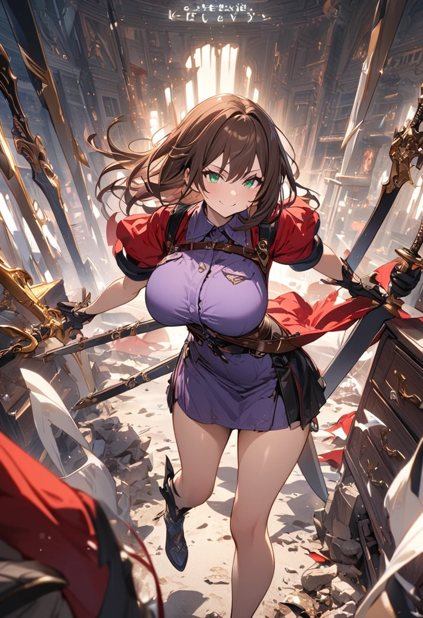 masterpiece,  top quality ,  high resolution, Alone,  One Girl ,  full body, DESCRIPTION Girl , Details Hand ,   with long slender fingers  , detail face,  cute face, Leg Details, Overly detailed art,  details,  Big Breasts,  brown hair,  side tail,  green eyes,  purple shirt , drawer, Red Coat, 2 swords,  Two-Handed Weapon , Saturday,  white evening gloves,   Look Like Battlefield , smile