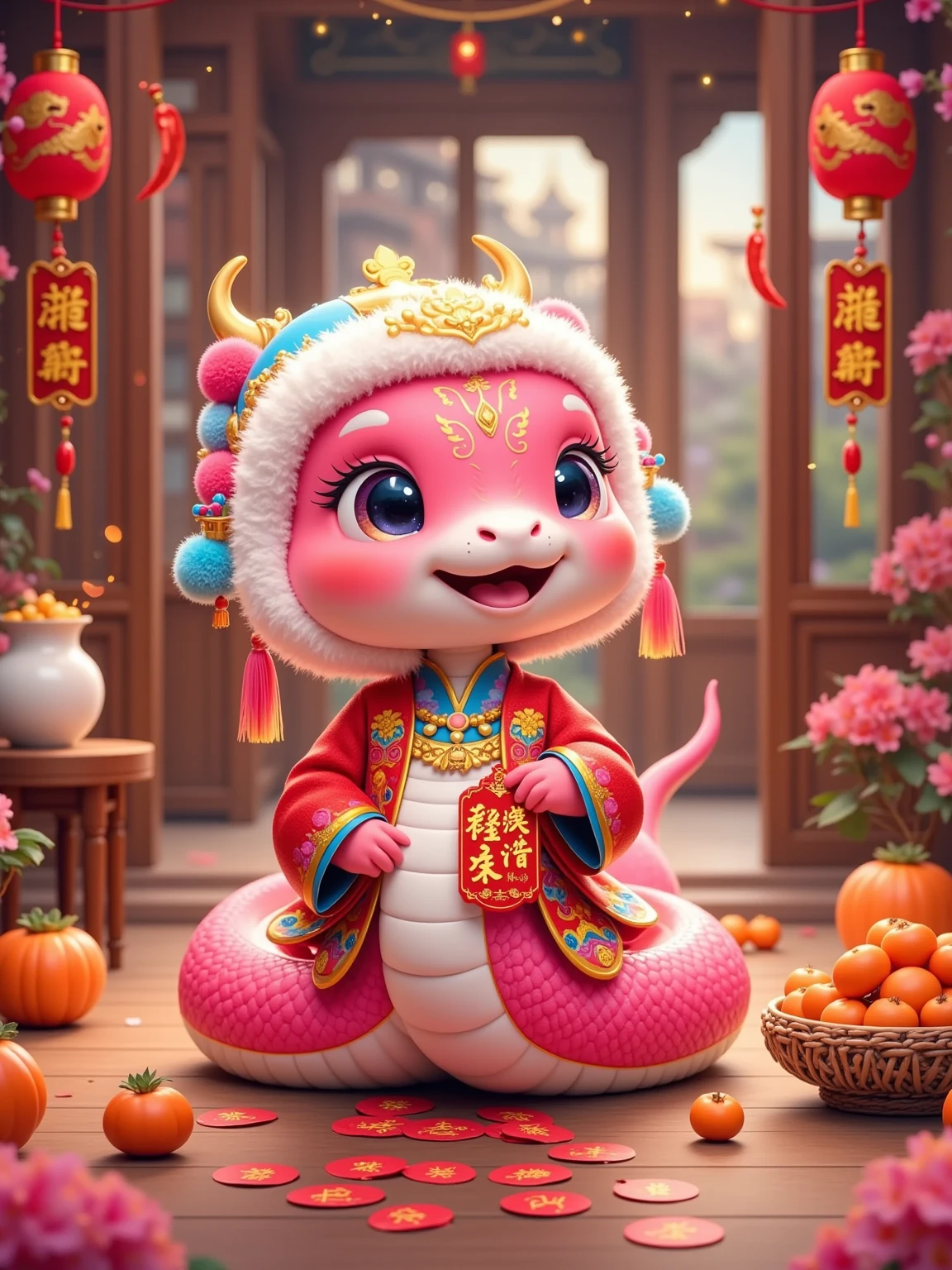 A cute little snake with a pink body wears an ornate white hood adorned with red and blue pompoms and gold embellishments. A joyful smile graces its face, and its large eyes sparkle with life. It's dressed in traditional red clothing with gold patterns, clutching a red lucky pouch with writing on it. The snake is coiled in an indoor setting surrounded by auspicious objects. Scattered on the floor are numerous red character stickers, several small gold ingots, and orange persimmons. A small table to the left holds a ceramic jar filled with persimmons and a white ceramic vase. To the right, a small basket contains more persimmons, alongside hanging red lanterns and golden fish ornaments. Wooden doors and windows in the background are decorated with strings of red chili peppers and character paper cuttings, enhancing the New Year atmosphere. The faint outlines of buildings are visible through the window. The whole scene is imbued with the festive spirit of the Lunar New Year, dominated by red and gold tones, and overflowing with joy and good fortune