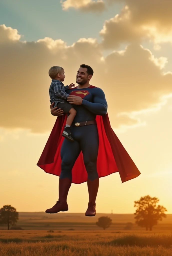 Superman and his son standing on top of a mountain, wearing a red cape, facing the sun, cinematic, dramatic lighting, muscular figure, heroic pose, epic, highly detailed, realistic, photorealistic, 8k, hyper detailed, intricate details, intense shadows and highlights, cinematic composition, dramatic color palette, golden hour lighting, volumetric lighting, glowing cape, awestruck expression, powerful presence