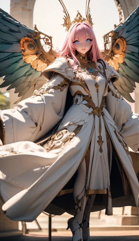 ((raw photo)), ((masterpiece)), anthropomorphic humanoid AngelGirl wearing white noble robe, intricate detail, futobot, intricate Greebles pieces, sky behind, pink, beautiful wings, detailed eyes and lips, full body