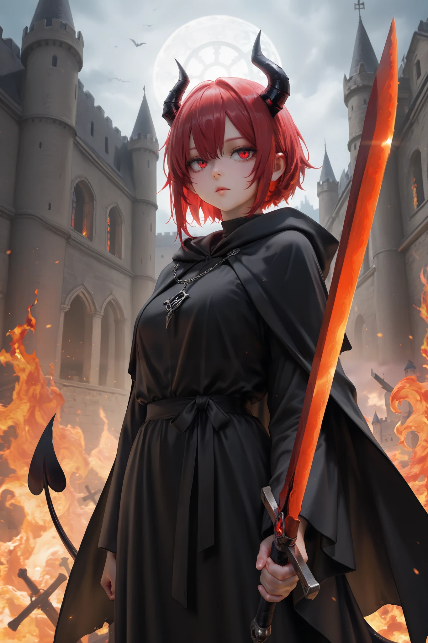 masterpiece, best quality, Detailed Eyes, semi realistic, 8k, girl, very tiny black horns, devil tail, black eye, red short hair, black robe, black cape, holding red two-handed sword, strict, emotionless, solo character, fire, castle background