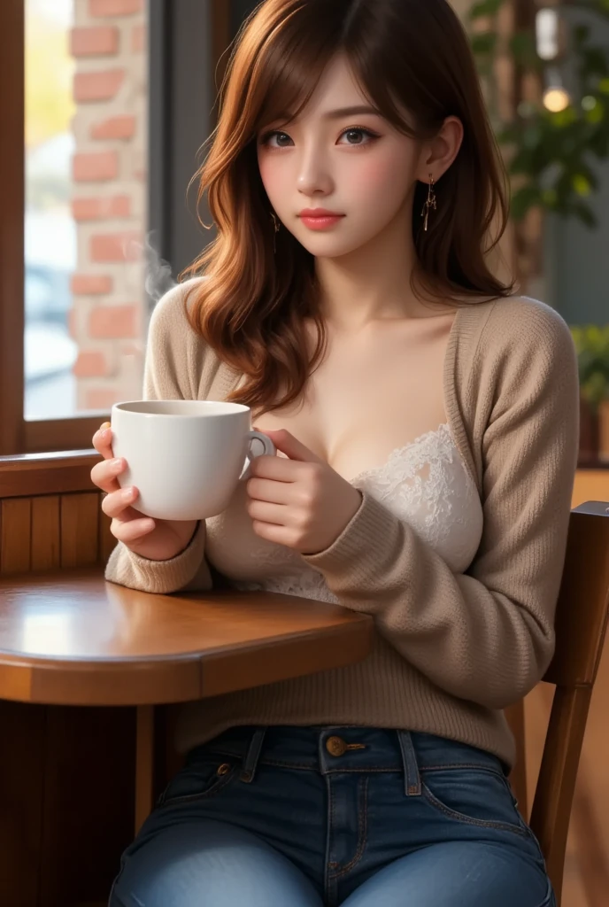 Girl drinking coffee in a cafe