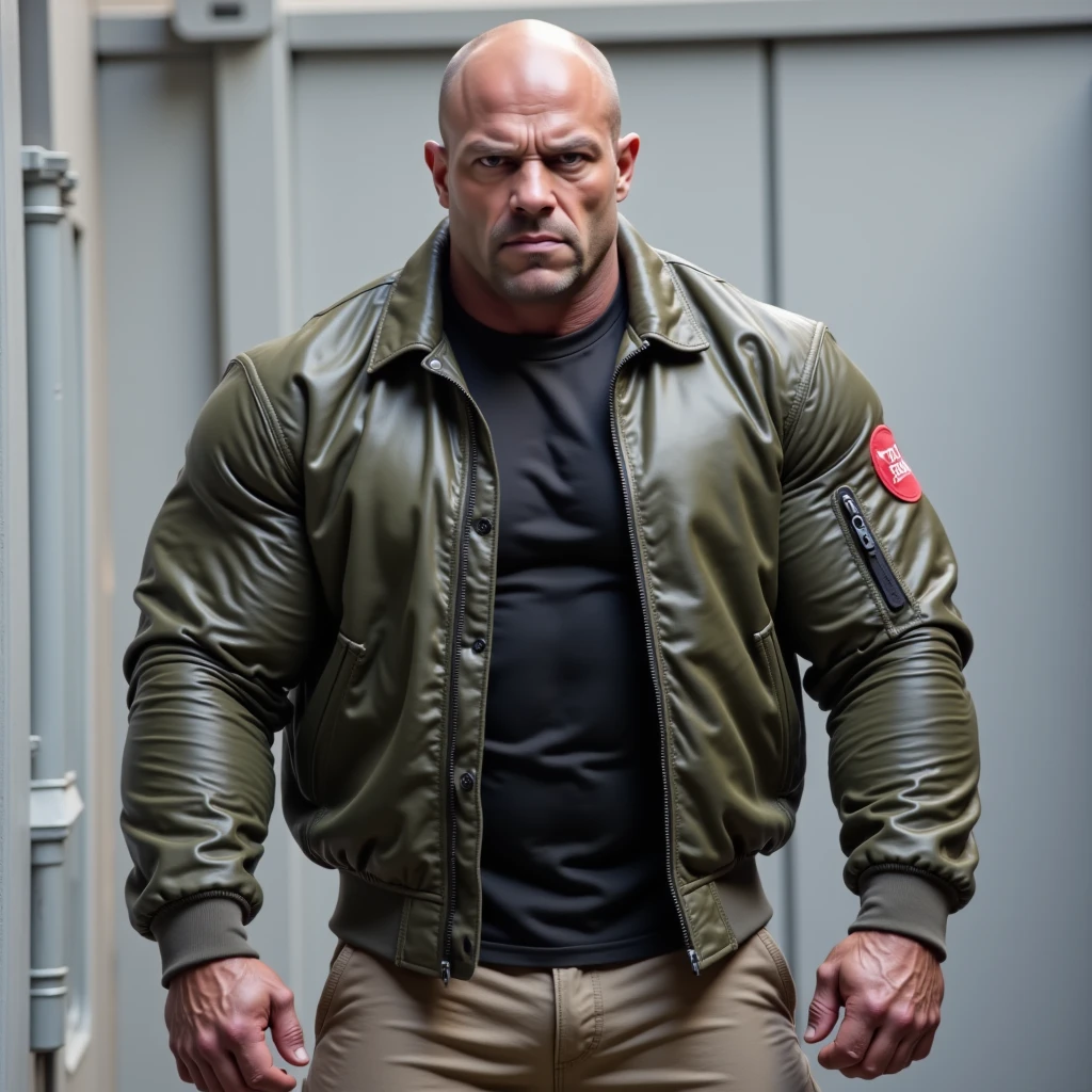 The image is a photograph of a man standing outdoors, likely in an urban or industrial setting. The man is muscular and has a shaved head, giving him a rugged appearance. He is wearing a olive green bomber jacket with a red patch on the left sleeve, indicating it is a military-style jacket. The jacket is made of a shiny, ripstop material, which suggests it is durable and designed for outdoor use. Underneath the jacket, he wears a plain black T-shirt. His pants are khaki-colored cargo pants, which have multiple pockets, adding to the practicality of his outfit. The background is a light gray, possibly a concrete or metal wall, with a small, indistinct window visible on the left side. The lighting is natural, suggesting it is daytime, and the man's expression is focused and determined, with a slight frown on his face. The overall tone of the image is serious and utilitarian, emphasizing the man's readiness and preparedness. The image captures a moment of intensity, possibly indicative of a situation requiring action or vigilance.