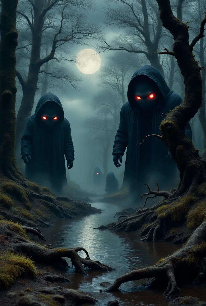 dark forest, with black figures and red eyes like a ghost, with a small lake