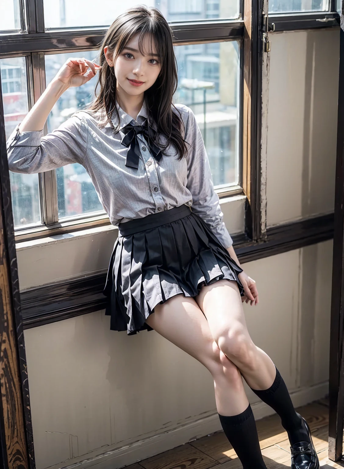 (8k, RAW Photo, Best Quality, Mastery:1.2), (Realistic, Photorealistic :1.37), Hyperdetail, Photon Mapping, Teleportion, Physically Based Rendering, (1 Girl), (NSFW:0.88), (Short and Medium Hair), (Bangs), (Black Hair), (Full Body), (Realistic Skin), (Realistic Eyes, Beautiful Detailed Eyes, (Realistic Skin), Beautiful Skin, (22 Year Old Woman), Beautiful Face, Standing Posture, (Japanese school uniform), (over-the-knee fishnet socks)
