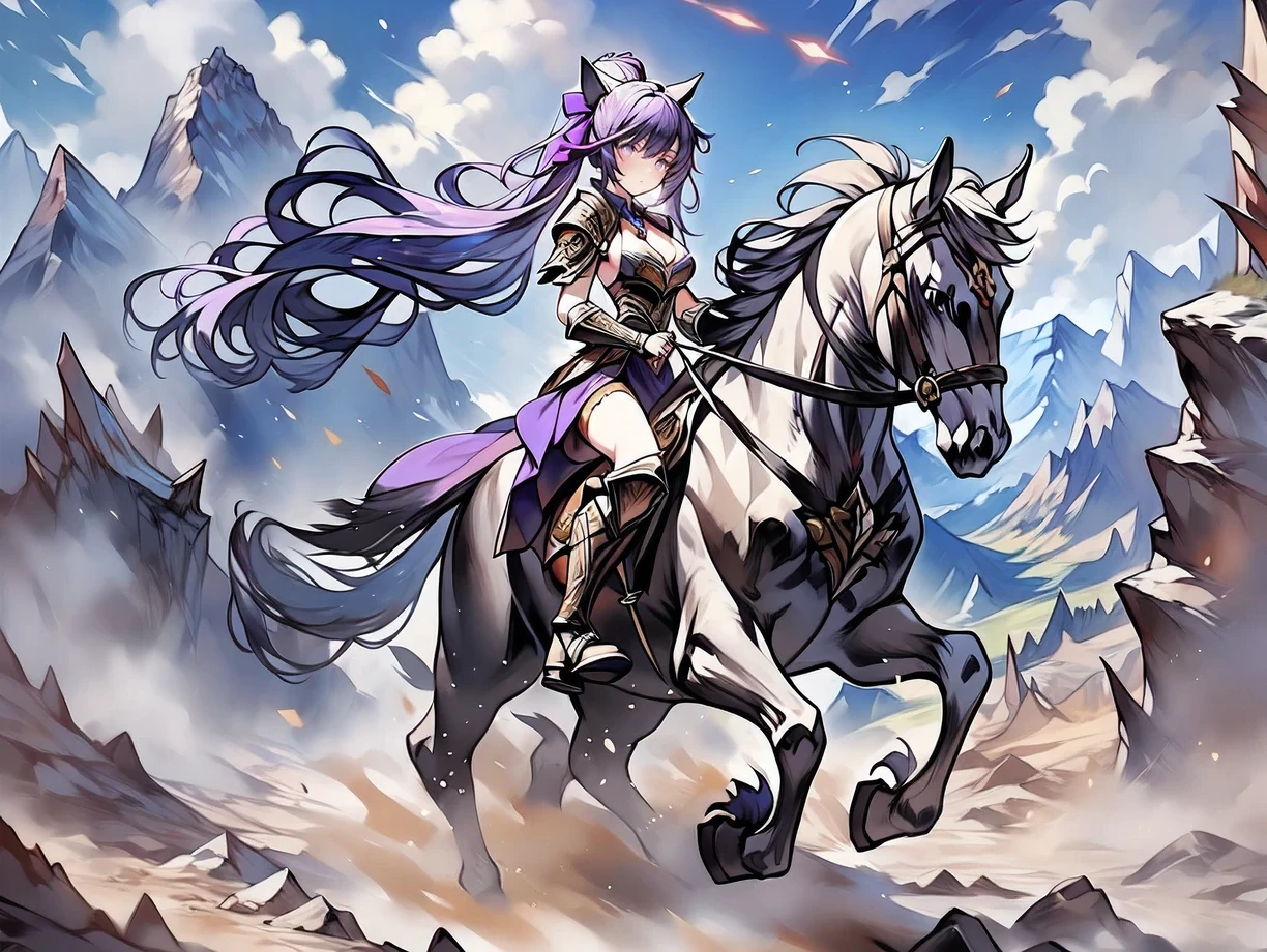 ((best quality)), ((anime masterpiece)), (high detailed), 8k, cinematic lighting, perfect face, medium breast, cleavage, riding, horse, (((a young woman wearing a warrior armor riding on a HORSE)), ([keqing (genshin impact), hair bun, purple hair, twintails, purple eyes, diamond-shaped pupils, hair ornament, cone hair bun, long hair, double bun, bangs, bow, hair flower, hair bow, hair ribbon]), [female warrior armor, cleavage, bare legs, boots])), BREAK, ([brown horse, saddle, reins, bridle, running]), solo, (into a battlefield, mountainside, medieval settings:1.2), both hand holding rein, from side: 1, anatomically correct