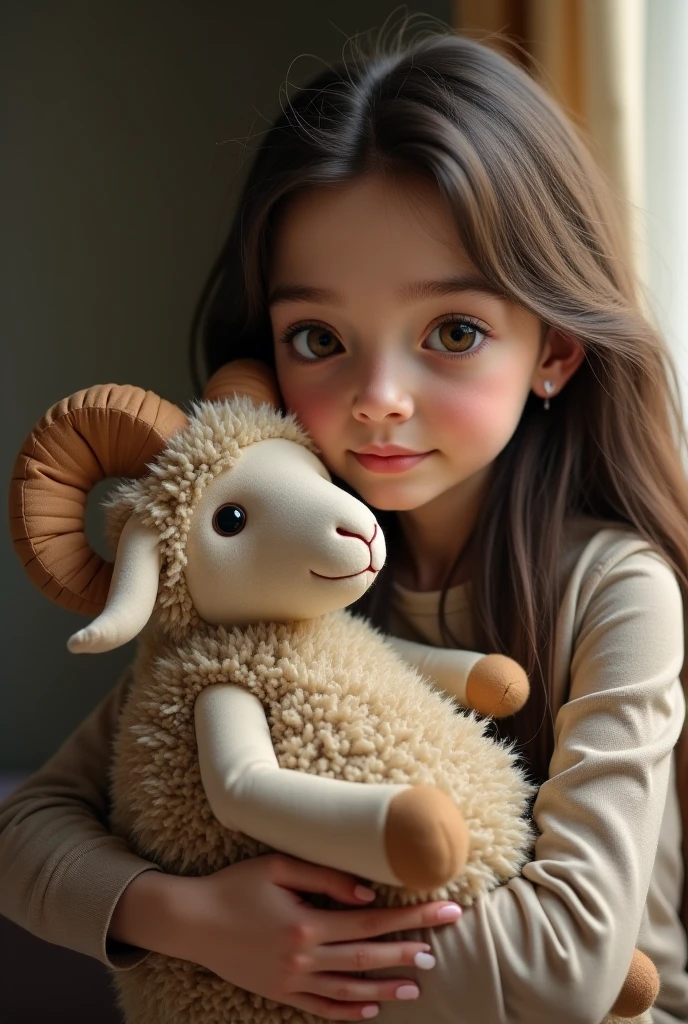 A little girl with curly hair, caramel skin, and a button nose holding a lamb.