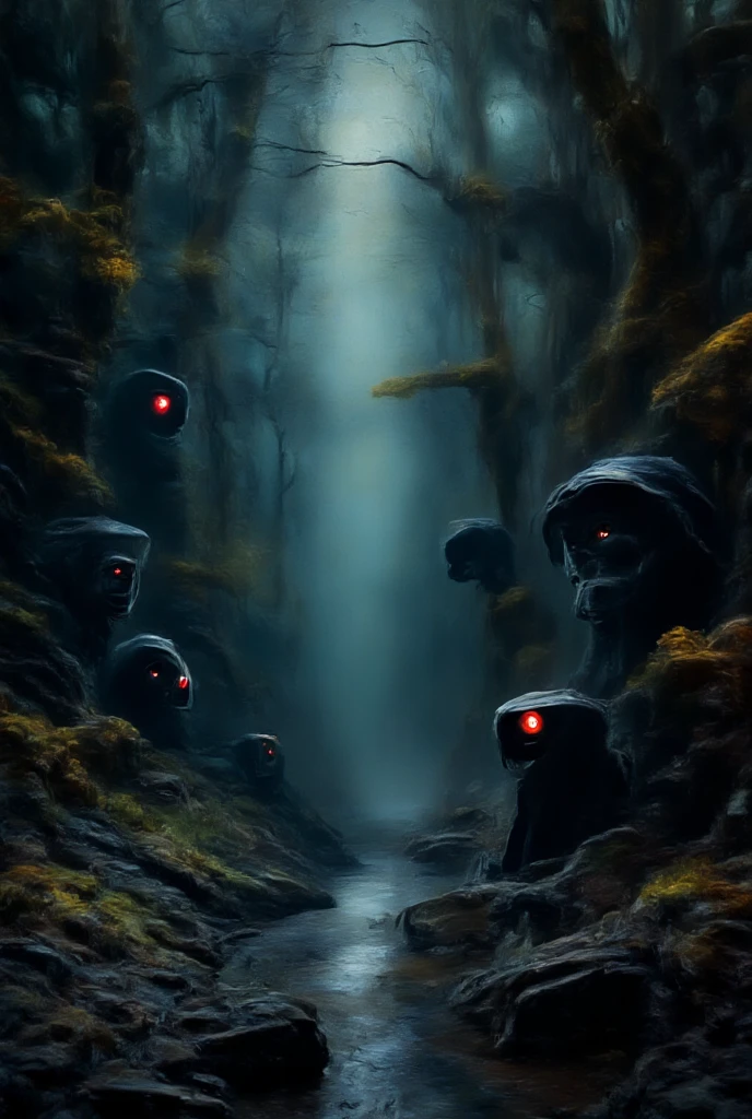  dark forest, dark, with black figures and red eyes like a ghost, with a small lake, Mysterious,  Better quality