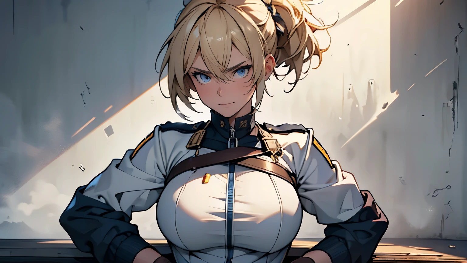 (High definition CG Unity 8k wallpaper). (masterpiece). (Highest quality). (Ultra definition). (Best illustration). (Best Shadow). (Absurd). Sweat. steam. stare. female police officer. She is 20 years old. Her hair is tied up. she is blonde. She is in uniform. Navy hot pants. Whip. Condescending eyes.