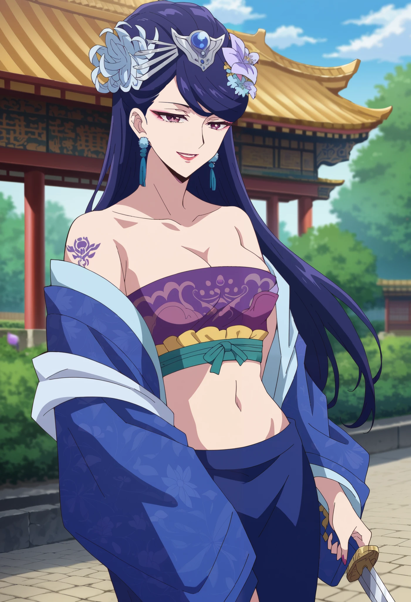 score_9, score_8_up, score_7_up, source_anime,
kusuriyalihua, lihua, long hair, purple eyes, purple hair, flower, earrings, hair flower, makeup, lipstick,
cleavage, jewelry, chinese clothes, hanfu,
outdoors, garden, masterpiece, best quality, highly detailed, a anime girl in kimono dress ,holding sword, bare
shoulder,open kimono, evil smile, open mouth, crop top , (nsfw) not safe for work, smile, ecchi anime
style, anime girls, ecchi style, digital anime art!!, in anime style, official artwork,beautiful girl,
anime style 4 k, kimono pencil skirt, exposed belly, exposed navel, ,in a palace,exposed midriff,
exposed lower belly, outdoor, japanese architecture, temple, nipple slip, dragon tattoo, narrowed eyes, tattoo midriff
