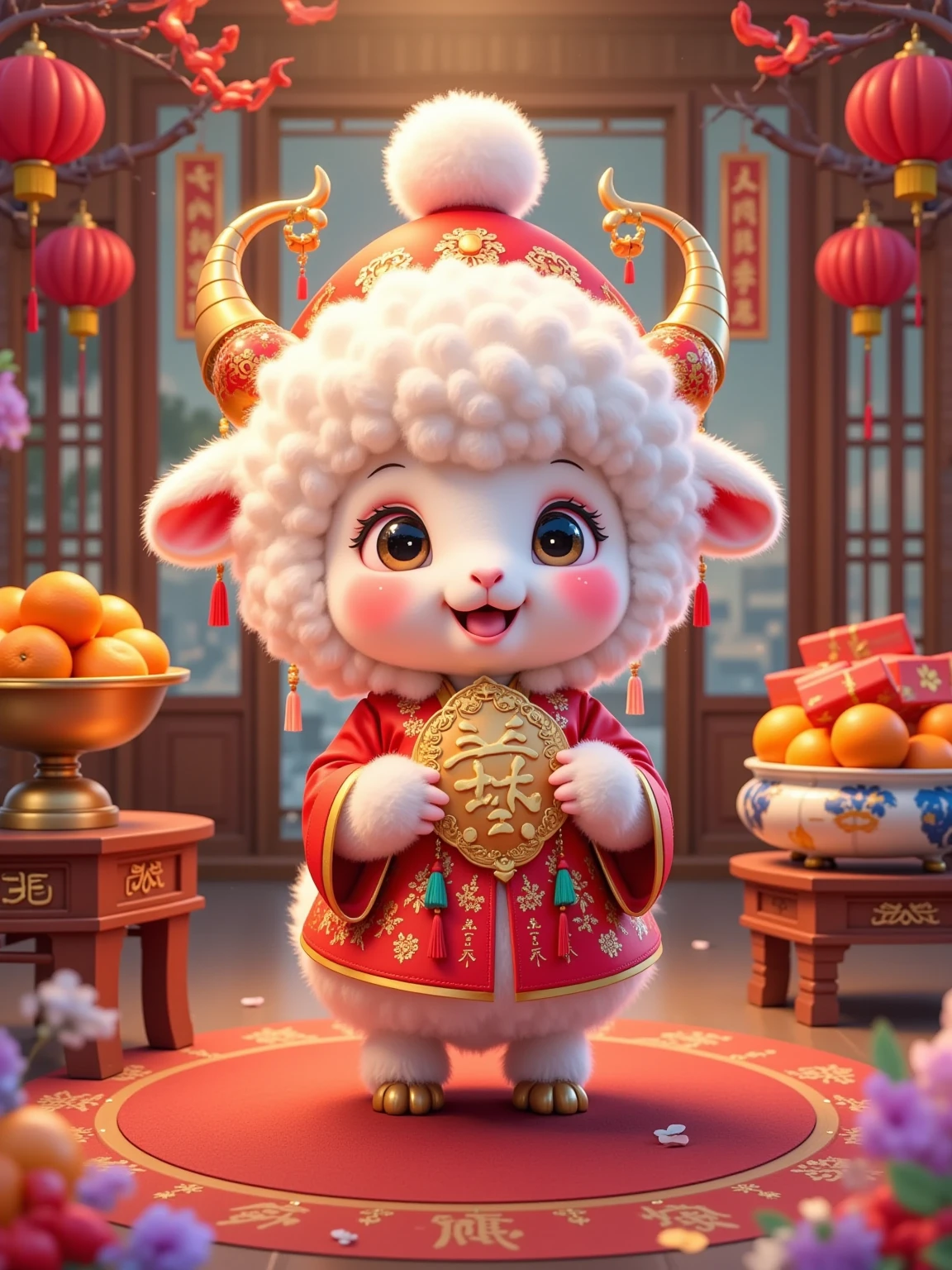 A cute lamb with snow-white fleece wears a red New Year's hat topped with a white pompom. A joyful smile spreads across the lamb's face, and a faint blush on its cheeks adds to its adorable charm. It's dressed in traditional red clothing with golden patterns, clutching a golden ingot bearing inscriptions.The lamb stands in an indoor setting surrounded by auspicious symbols. A red floor mat with characters lies beneath its feet, and red character stickers are scattered around. A small table to the left holds a metal basin filled with oranges, next to a blue and white ceramic pot. Another small table on the right also holds a metal basin overflowing with oranges, along with several red gift boxes bearing inscriptions.Wooden doors and windows are visible in the background, adorned with red lanterns and strings of chili peppers, the lanterns also inscribed with characters, enhancing the rich New Year atmosphere. The faint outlines of buildings can be glimpsed through the window. The entire scene is imbued with the festive spirit of the Lunar New Year, dominated by red and gold tones, radiating joy and good fortune.