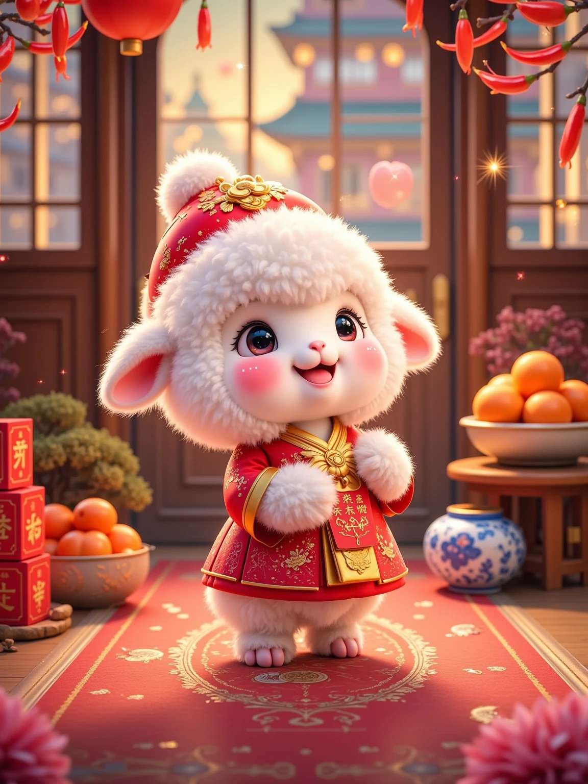 A cute lamb with snow-white fleece wears a red New Year's hat topped with a white pompom. A joyful smile spreads across the lamb's face, and a faint blush on its cheeks adds to its adorable charm. It's dressed in traditional red clothing with golden patterns, clutching a golden ingot bearing inscriptions.The lamb stands in an indoor setting surrounded by auspicious symbols. A red floor mat with characters lies beneath its feet, and red character stickers are scattered around. A small table to the left holds a metal basin filled with oranges, next to a blue and white ceramic pot. Another small table on the right also holds a metal basin overflowing with oranges, along with several red gift boxes bearing inscriptions.Wooden doors and windows are visible in the background, adorned with red lanterns and strings of chili peppers, the lanterns also inscribed with characters, enhancing the rich New Year atmosphere. The faint outlines of buildings can be glimpsed through the window. The entire scene is imbued with the festive spirit of the Lunar New Year, dominated by red and gold tones, radiating joy and good fortune.