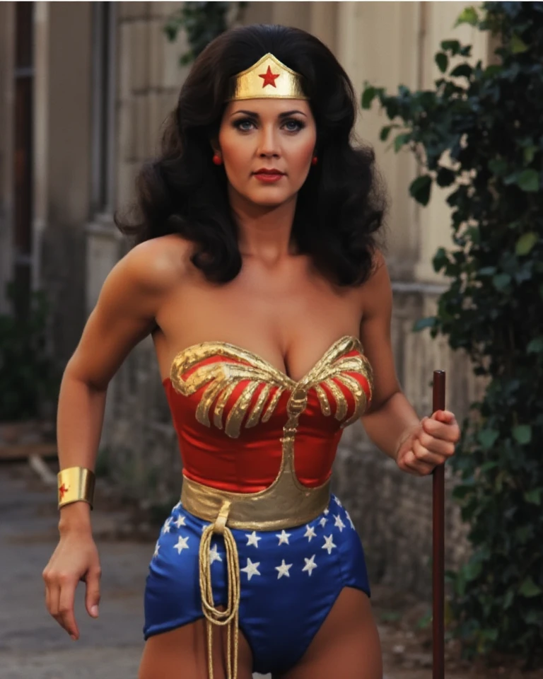  A gorgeous Wonder Woman in tight red and blue, Dark Black Wavy Curly Long Hair,  Beautiful Meticulous Eyes ,  Striking facial features ,  Sexy 選美皇后体格, White Skin ,The expression is romantic and sexy,  Strong posture ,  in an impressive motion position , Dynamic Lighting,  Dramatic cinematic scenes ,  digital painting , Complex and detailed rendering ,  ultra-realistic, 8K, vibrant colors,  Dramatic shadows ,  Movie Lights , Glamorous,   Sexy  , Mouthwatering,  Random Pose，Ergonomic postures，The background is an old street in an abandoned town in the 1920s , The background is full of vines ,