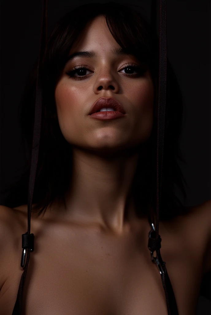 Jenna Ortega in a submissive pose,highly detailed facial features,beautiful detailed eyes, beautiful detailed lips,extremely detailed face and expression, erotic BDSM scene,leather straps and restraints,dark shadows,dramatic lighting,cinematic atmosphere,moody colors,photorealistic,8k,masterpiece