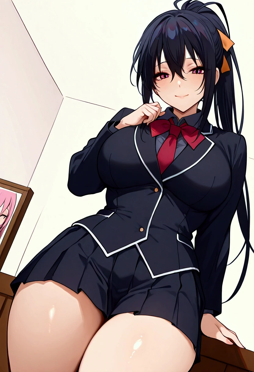 dinamic pose, akeno hinejima,akeno uniform,kuoh academy uniform precise, black long hair, akeno Precise, big tits, perfect thighs, maternal look, smile, onee san vibes, long hair ponytail style, sensual, ara ara,perfect, harmony, high quality, 8k, realistic Angle ,perfect scene , Masterpiece, score 9, anime colors, AMERICAN SHOT, beautiful, composition, HARMONY, high quality ,beautiful