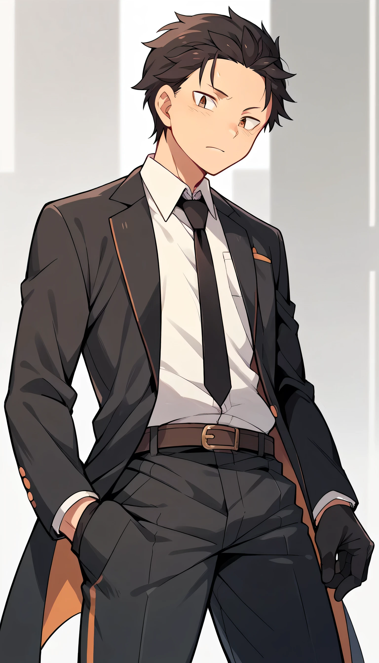 1boys, solo, male_focus, necktie, formal, gloves, suit, , adjusting_clothes, belt, hand_in_pocket, shirt,, , jacket, pants, long_sleeves,natsuki subaru,short hair, black hair,brown eyes