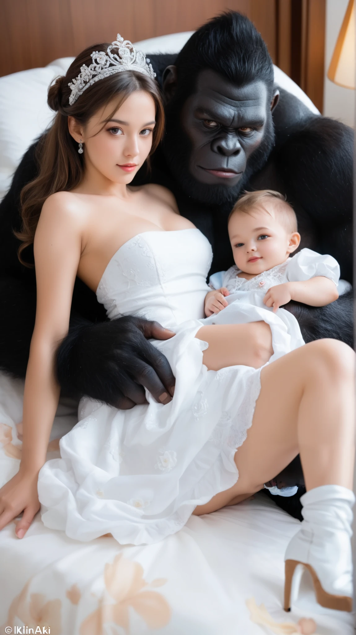 Beautiful Russian woman in a charming white miniskirt is lying with a gorilla ,  a Gorilla smiles at each other and cuddles on the honeymoon bed after marriage,  captured in a realistic photo of long covered dress , realistic blue and white dress ,dan disamping baby  laki lki 2 tahun,  laki kaki,baby