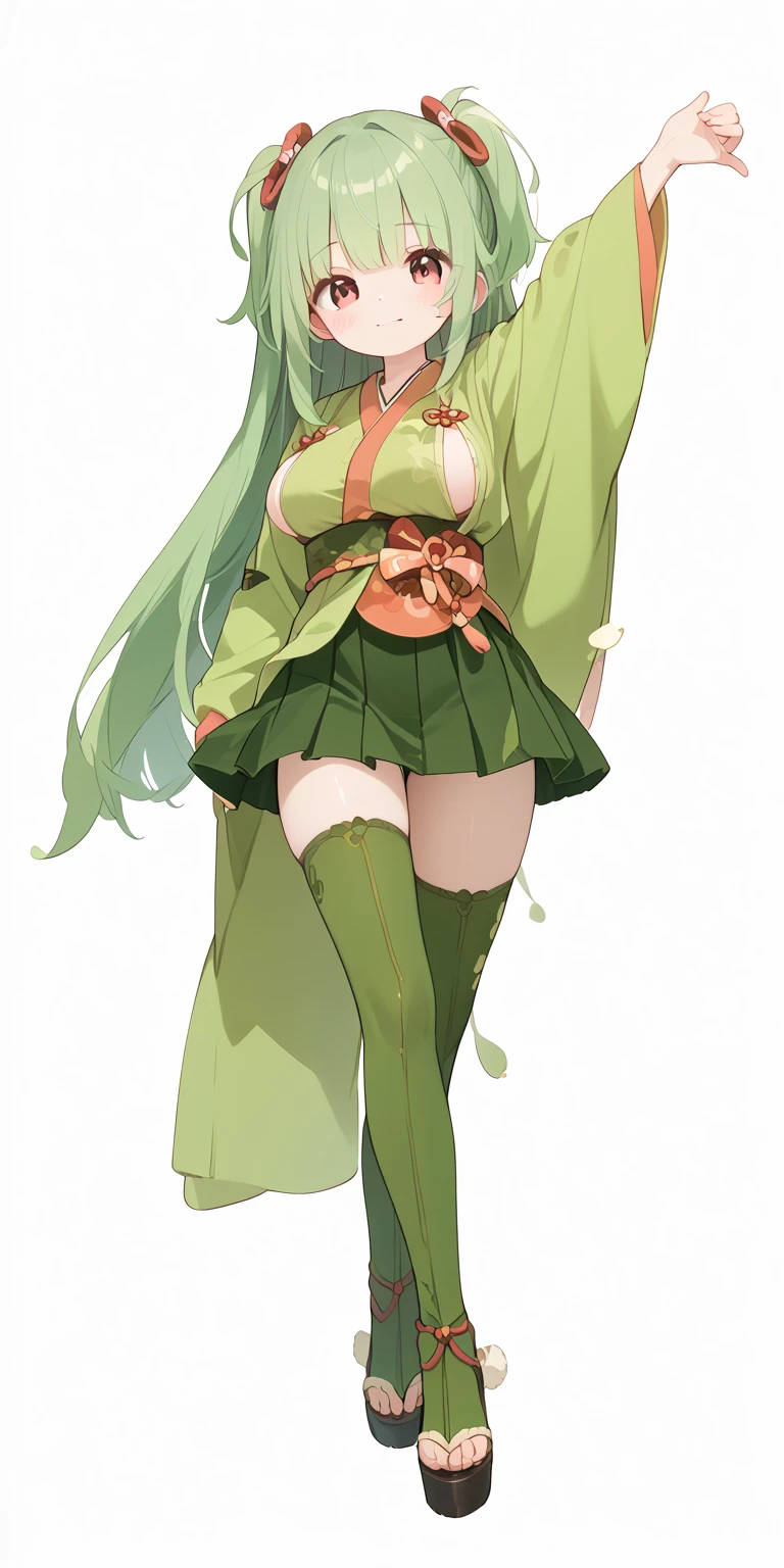   high resolution,   1 girl,   high resolution,  Green kimono、Big Breasts、 two side up、 cute、