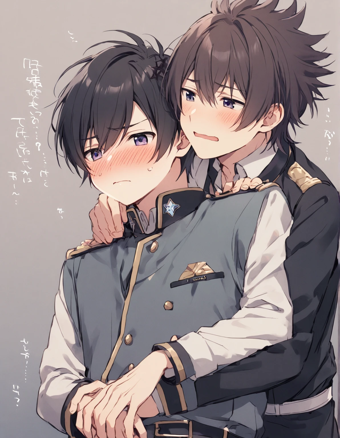 2  boys, Boy Focus,Shota, Hug from behind and kiss on the cheek,uniform,, both have short hair , black hair, spiky hairstyle , Embarrassed Expression,Young people