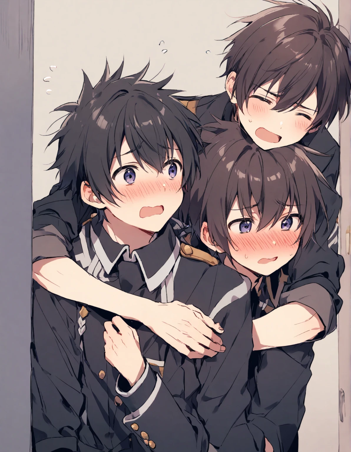 2  boys, Boy Focus,Shota, Hug from behind and kiss on the cheek,uniform,, both have short hair , black hair, spiky hairstyle , Embarrassed Expression,Young people