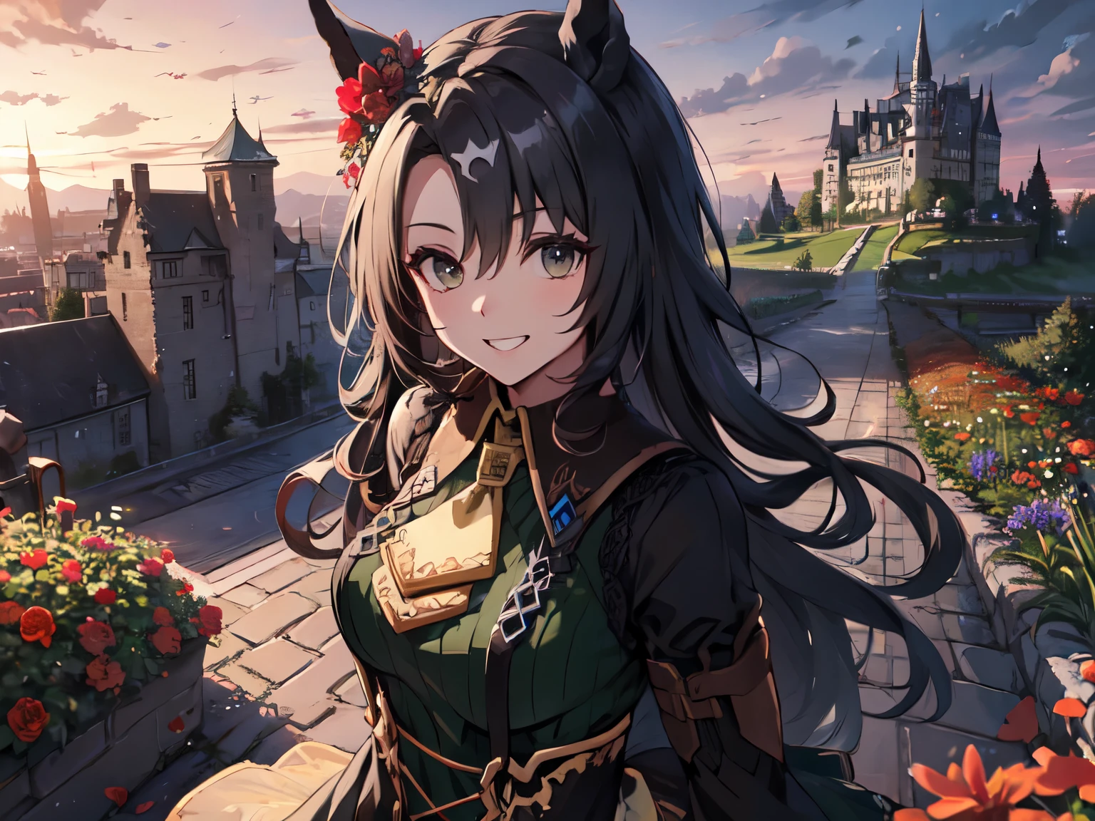 ((solo)), (Staring at Chest), Horse Ears, 四つん這い, Makeup, Smiling with Gums Showing, ((Red Flower Bed)), (Red Sky), Inside Castle Walls, Wind Blowing, Stereoscopic Animation, UHD, retina, Masterpiece, Accurate, Anatomically Correct, Textured Skin, Ultra Detailed, Highly Detailed, High Quality, Award Winning, Top Quality, High Resolution, 16k,