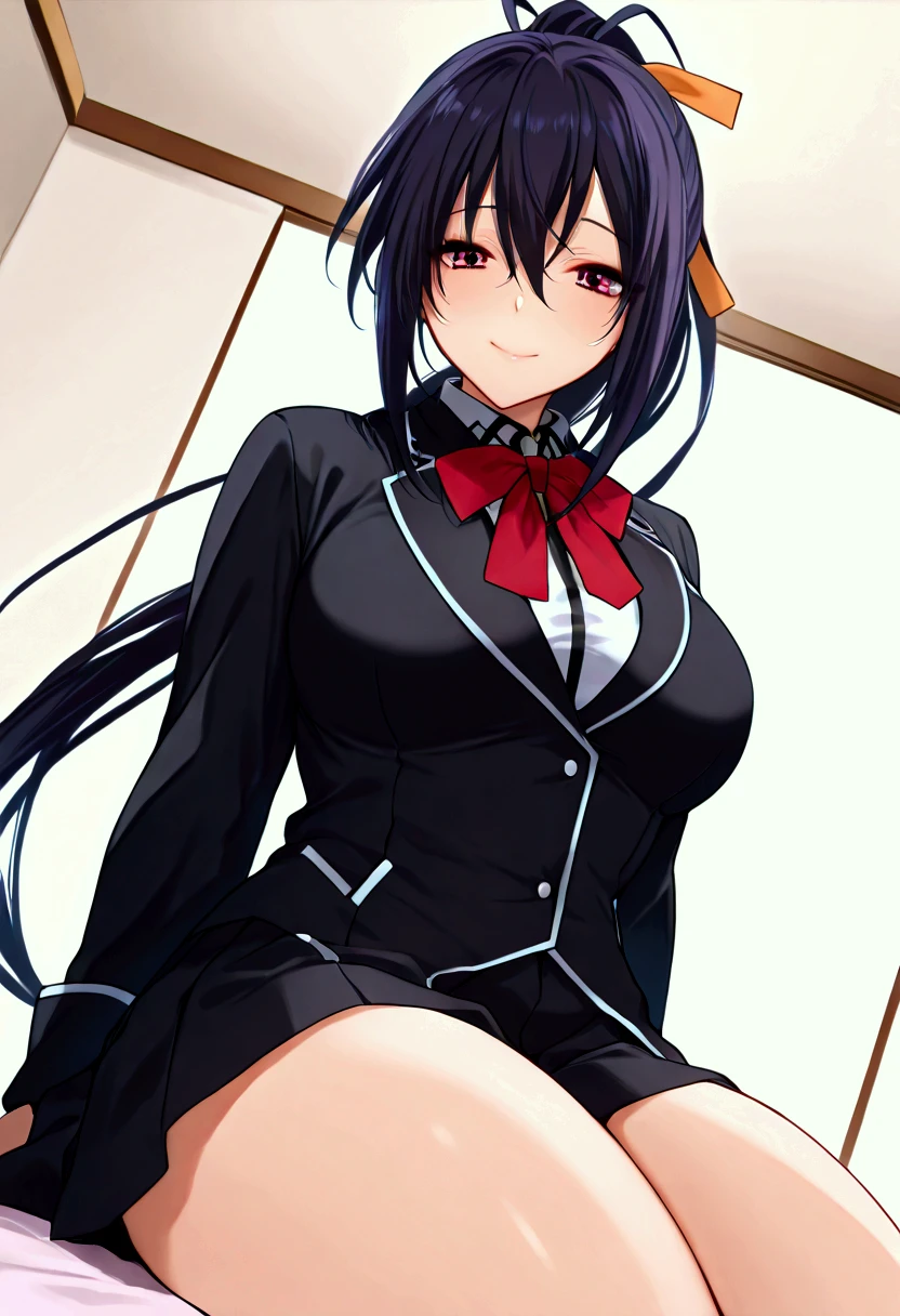 dinamic pose, akeno hinejima,akeno uniform,kuoh academy uniform precise, black long hair, akeno Precise, big tits, perfect thighs, maternal look, smile, onee san vibes, long hair ponytail style, sensual, ara ara,perfect, harmony, high quality, 8k, realistic Angle ,perfect scene , Masterpiece, score 9, anime colors, AMERICAN SHOT, beautiful, composition, HARMONY, high quality ,beautiful