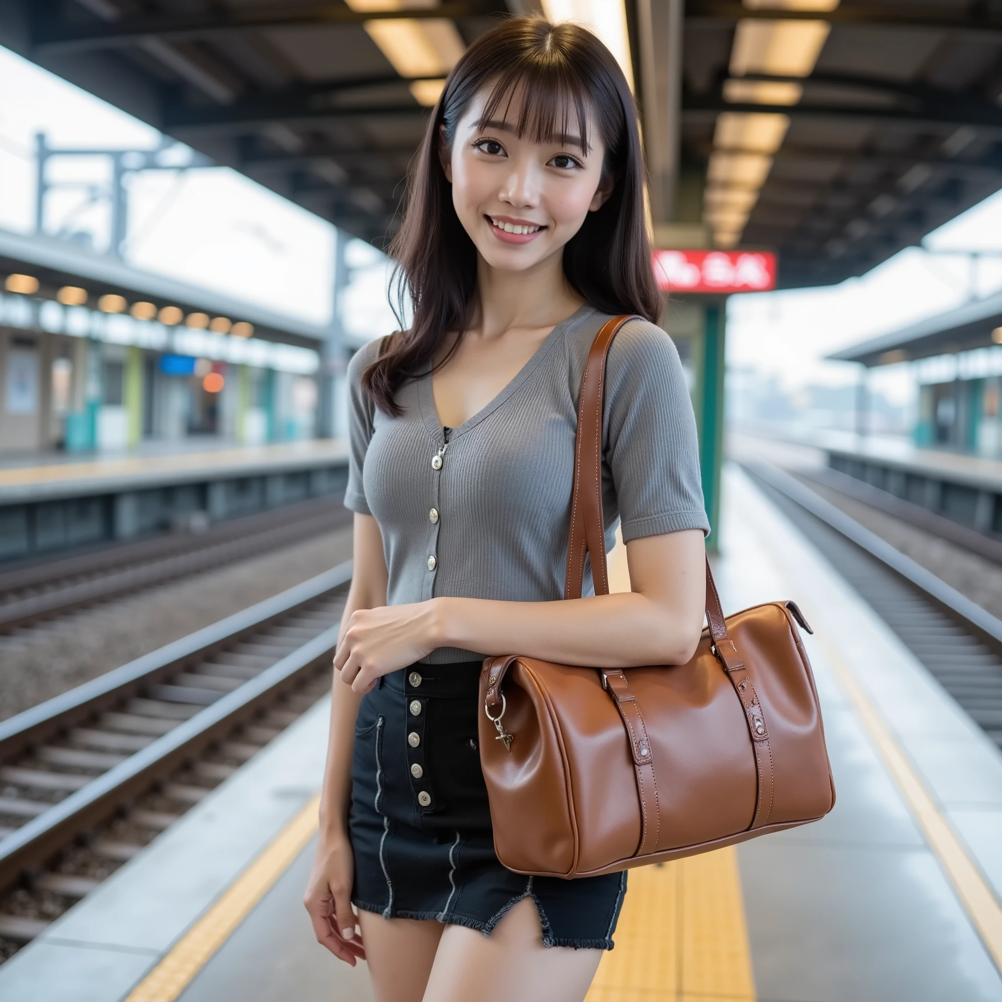 『 1 Japanese girl:1.3』『 real photos:1.3』 top quality :1.2、(( big breasts))、 showing off her teeth 、(( young woman))、(( has red cheeks))『 smiling :1.9』、((( anatomically correct、 perfect anatomy、 anatomically correct指)))、 realistic, top quality , Super high resolution, RAW photos, (Curvy body)、((( woman standing on a train platform holding a leather brown Boston bag)))、Train platform facing the opposite side across the tracks 、 beautiful eyes and face 、 super high image quality、8k、 SMART BODY、High Style、About 24 years old、 detail eyes、 detailed skin、miniskirt with lots of slits、 with a large trash bag 、smile、歯を見せてsmile、I have a brown leather Boston bag