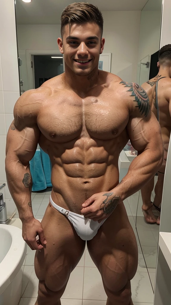 Naked Japanese muscle men,sunburn skin dark Black Japanese bodybuilder,Very bulky body,Developed muscleature atmosphere、28yo,(young face:0.2)lumpy face、Hidetada yamagishi,,no body hair,naked,Very bulky Big underboobs, (Gorilla-like appearance:0.3)Skin with visible veins, medium length hair,A cinematic scene unfolds in 8k resolution, where in brig,,Big Nose,(big penis:0.6)(Thick penis:0.8)(elect penis:0.6)(Detailed elect penis shape:1.0)(beautiful penis:1.0)(Very hard elect penis:1.2)nsfw、Strong sexual attraction、Sex symbol、Big eyes、Thick lips、Photos with clear people、Thick eyebrows、Six Pack、smile