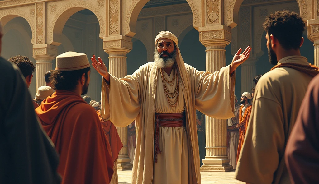 An ancient arabic man with shabby white clothes. He is Preaching in front of others people.