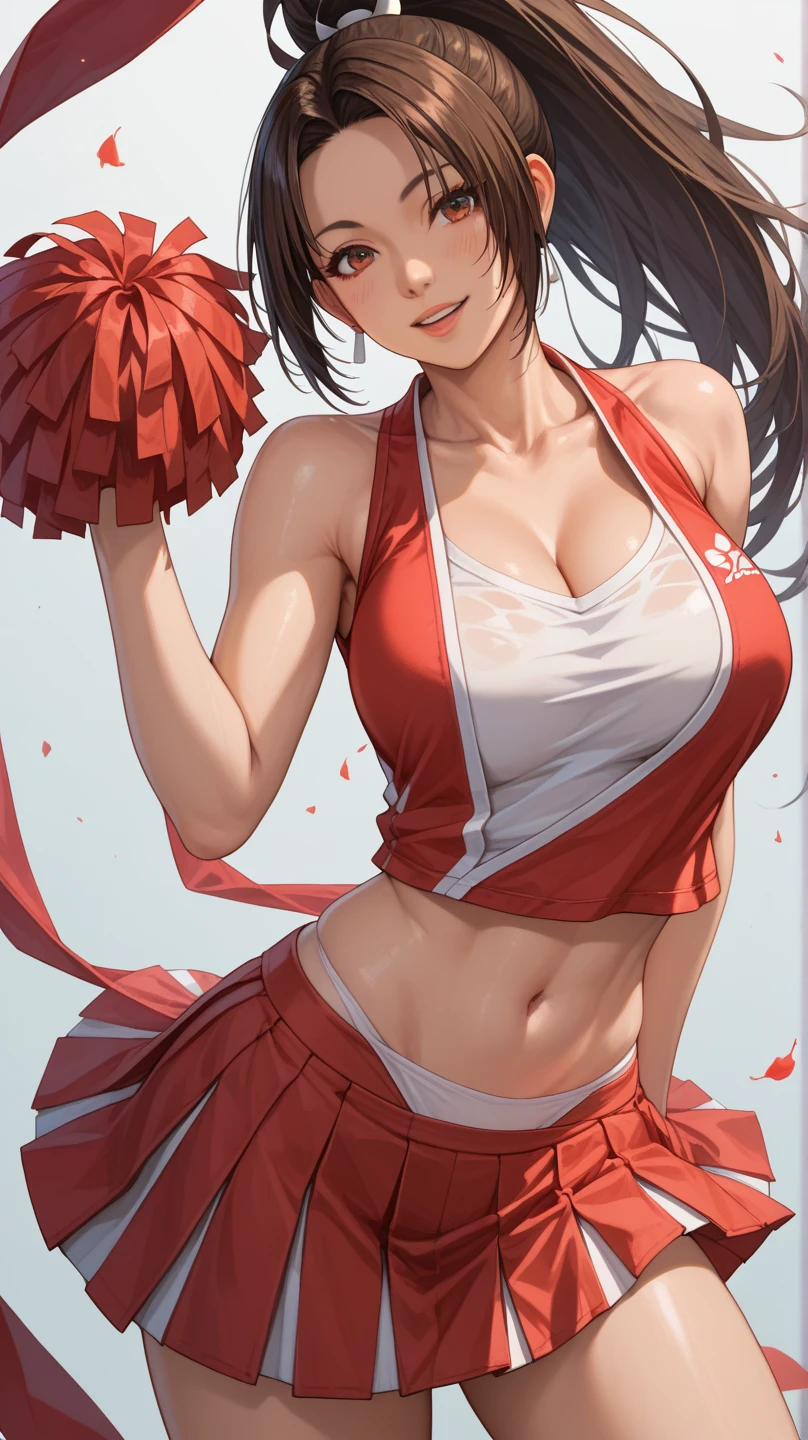 (hews art style:0.7), score_9, score_8_up, score_7_up, score_6_up, uncensored, yor briar, black hair, white hairband, red eyes, sidelocks, BREAK (masterpiece:1.2), best quality, high resolution, (beautiful detailed eyes:1.3), perfect lighting, (perfect hands, perfect anatomy), hearts, pleasured, huge breasts, 1girl, breasts, pom pom \(cheerleading\), cheerleader, solo, skirt, one eye closed, navel, smile, midriff, crop top, open mouth, full body, panties, field, looking at viewer, underwear, white background, pleated skirt, thigh strap, thighs, sandals, sleeveless, arm up, bare shoulders, choker