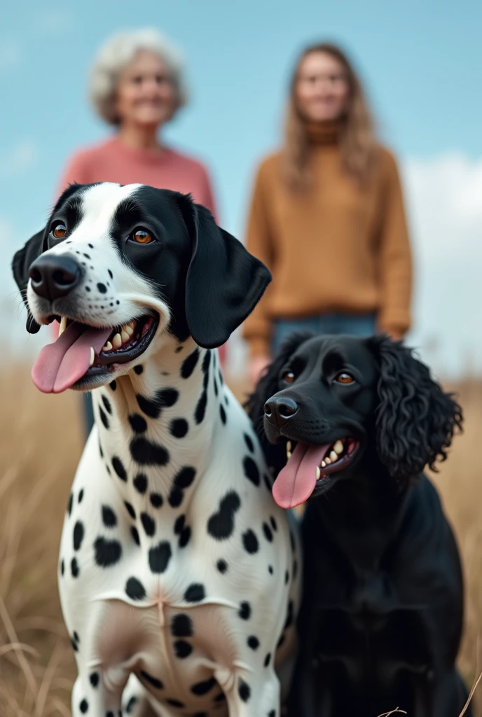 Create a very happy family with blue eyes and a white black dog with black beautiful cute and beautiful HD
