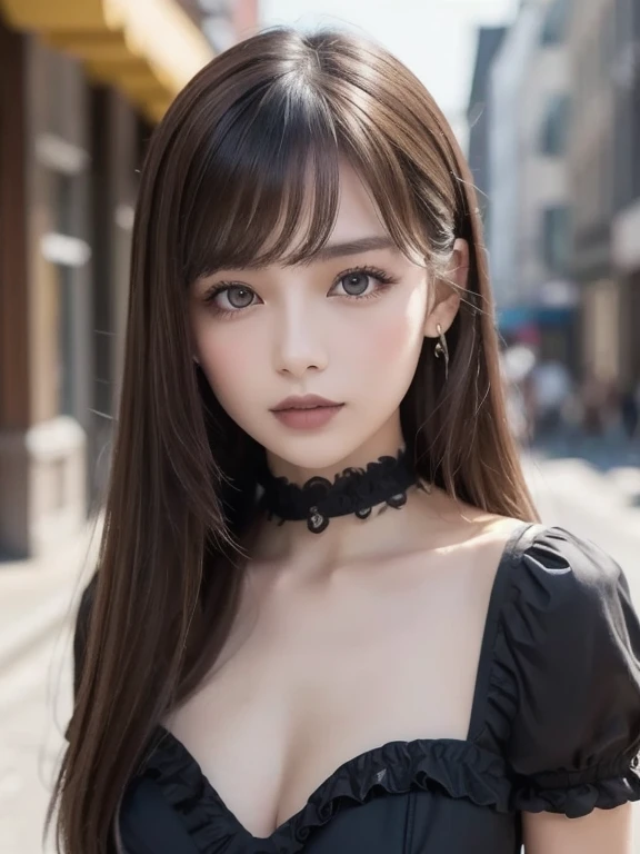 One Girl, (A beauty girl, Delicate girl:1.3), (:1.3),
break, (Gothicta, Frills, race:1.3),
break, Very fine grain definition, (Symmetrical eyes:1.3),
break, (Street view:1.3),
break, Small breasts, Brown eyes, Parted bangs, Brown Hair,  ,
break, (Eye and facial details:1.0),
break, (masterpiece, Highest quality, Super detailed, Detailed face, 8k)