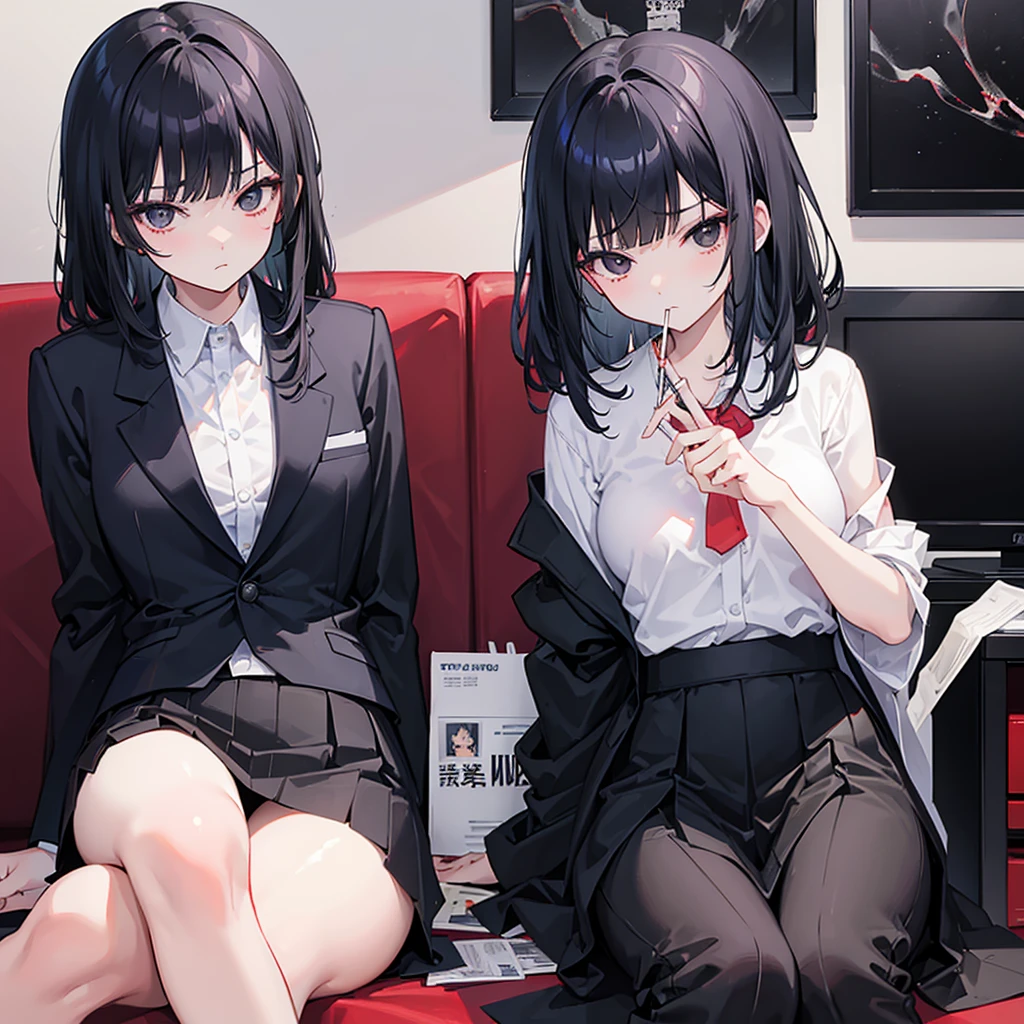 student, uniform, smoking, White shirt, tie, traitor, slim, Backpack, Lots of smoke, flat, Black Skirt, Pretty face, beautiful, Long Hair, Face Focus, Half closed eyes, relax, pale, Asian eyes, Straight hair, Asian, Swollen lips, Lip gloss, Pouting、In a completely different expression