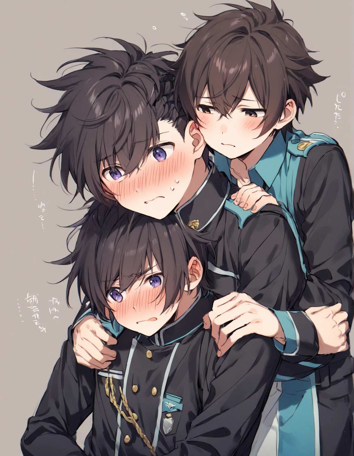 2  boys, Boy Focus,Shota, Hug from behind and kiss on the cheek,uniform,, both have short hair , black hair, spiky hairstyle , Embarrassed Expression,Young people