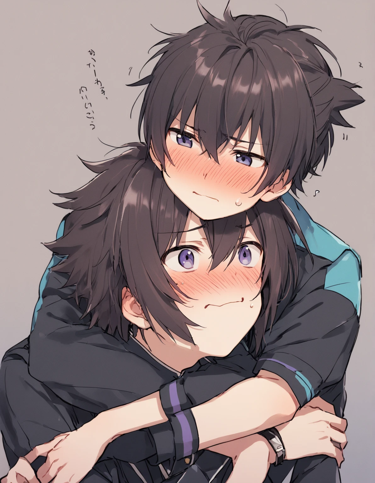 2  boys, Boy Focus,Shota, Hug from behind and kiss on the cheek,uniform,, both have short hair , black hair, spiky hairstyle , Embarrassed Expression,Young people