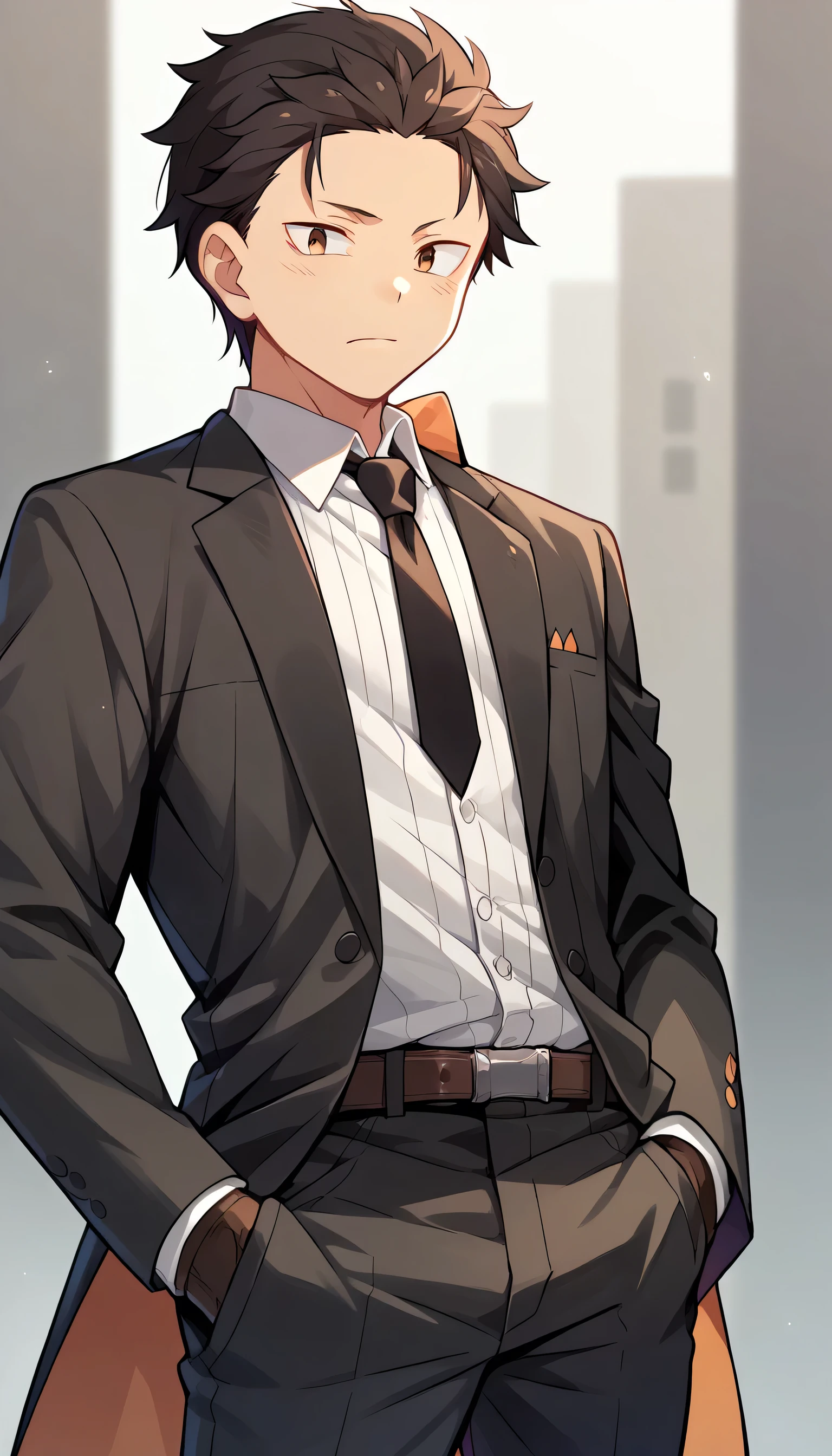 1boys, solo, male_focus, necktie, formal, gloves, suit, , adjusting_clothes, belt, hand_in_pocket, shirt,, , jacket, pants, long_sleeves,natsuki subaru,short hair, black hair,brown eyes