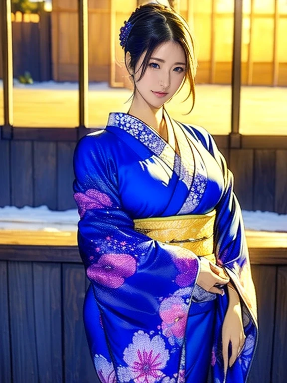  Beautiful Japanese Women Wear Kimonos on New Year's Day . (Kimono, blue, Ukiyo-e pattern, lace, frill fashion: 1.3), ( dynamic pose), ( is standing), (smile), (Background Winter Scenery : 1.3), To celebrate the new year .   to express the elegance of the outfit and the serenity of the holiday、The background must be a soft color .