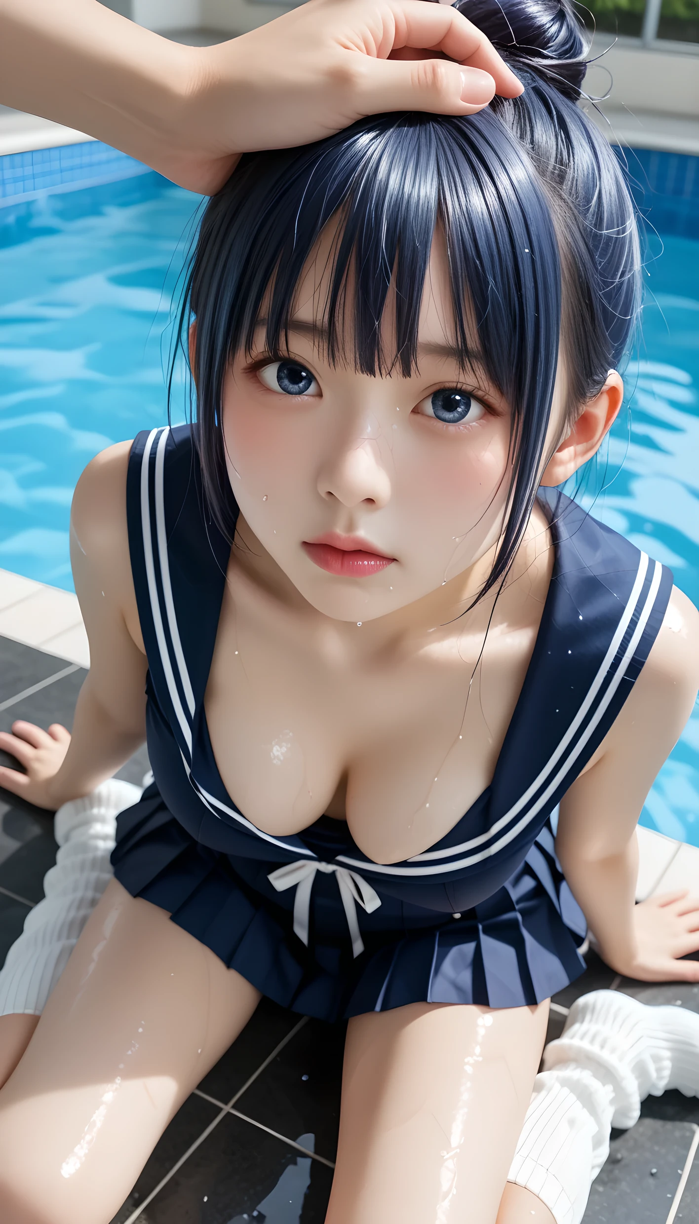  wet、masterpiece 、  top quality  、 Super high resolution、 realistic、 beautiful lighting arranged in an orderly manner、  RAW photos 、4K Ultra HD、  super detailed face、Clear Face、1080P、Detailed eye、 beautiful eyes、 ecstatic face、(  Half Open Eyes )、Has blue hair and blue eyes、Light blue hair、 horny 、 young gravure idol who lost weight、cat ears、 white gloves、(((Busty Body、Separated Breasts 、 tight breasts)))、((( viewersに近づけるようにお口を持っていきます)))、(((wet Japanese  girl 、  navy sailor color 、 with both shoulders out 、Fluttering skirt、 wet pleated skirt 、 Loose Socks 、Wear black shorts)))、Japanese female elementary schoolwimsuits 、((Inside a small pool 、 kiss while staring at the audience )) break (  messy bun  ,  Hindi hair  , ) break ((( EXTREME FACE UP SHOT ,  viewers, the above ))), ((  a woman places her hand on her crotch 、Kneel))、( perfect anatomy)、 break ((Upper eyelid))、Legs are closed and extended、((( midi skirt)))、 thin beautiful thighs 、 beautifully manicured hair 、 oily skin 、Five fingers