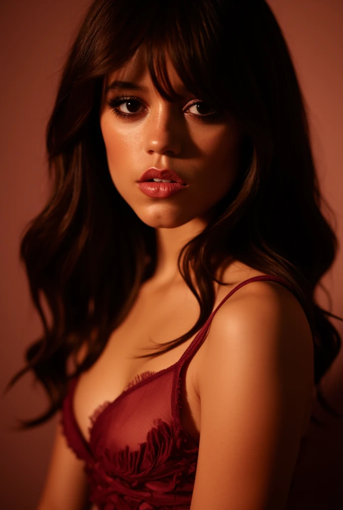 Jenna Ortega, detailed face, long eyelashes, full lips, wearing erotic lingerie, sensual pose, detailed fabric textures, warm lighting, cinematic composition, photorealistic, highly detailed, high quality, intricate details, dramatic lighting, vivid colors, extremely realistic 