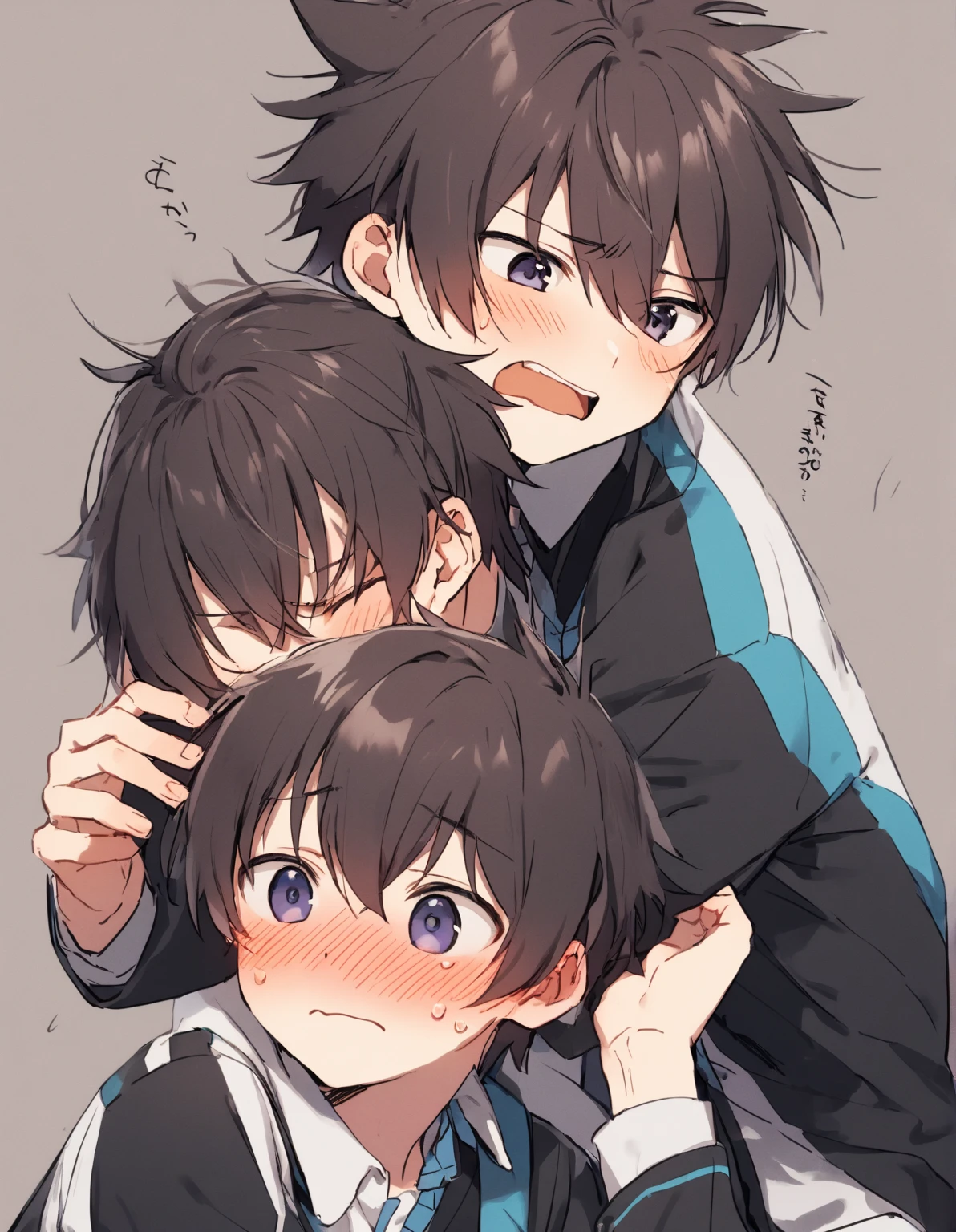 2  boys, Boy Focus,Shota,Playing around,uniform,, both have short hair , black hair, spiky hairstyles , Embarrassed Expression,Young people