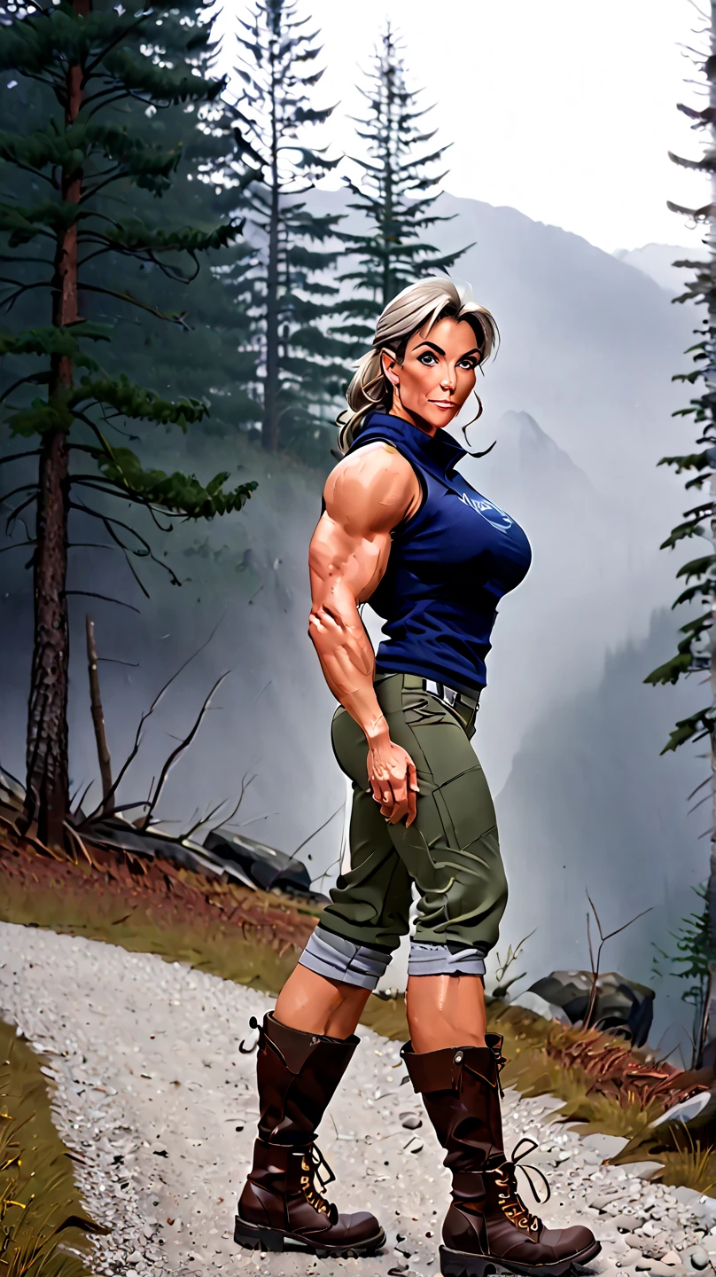 (((sfw))), Fullbody view, hypermuscular 40 yo milf, large bulging breasts, strong athletic (muscular: 1.7) massive bulky extremely muscular, breathtakingly beautiful muscle woman, steel-hard hypermuscular body, gentle feminine, muscular powerful ((bodybuilder physique)), perfect flawless musculature, wearing  (outdoor outfit), hiking boots, bagy pants, warn sweater,  (survivalist: 1.3), muscular arms, mountains andforests,  misty ((outside))