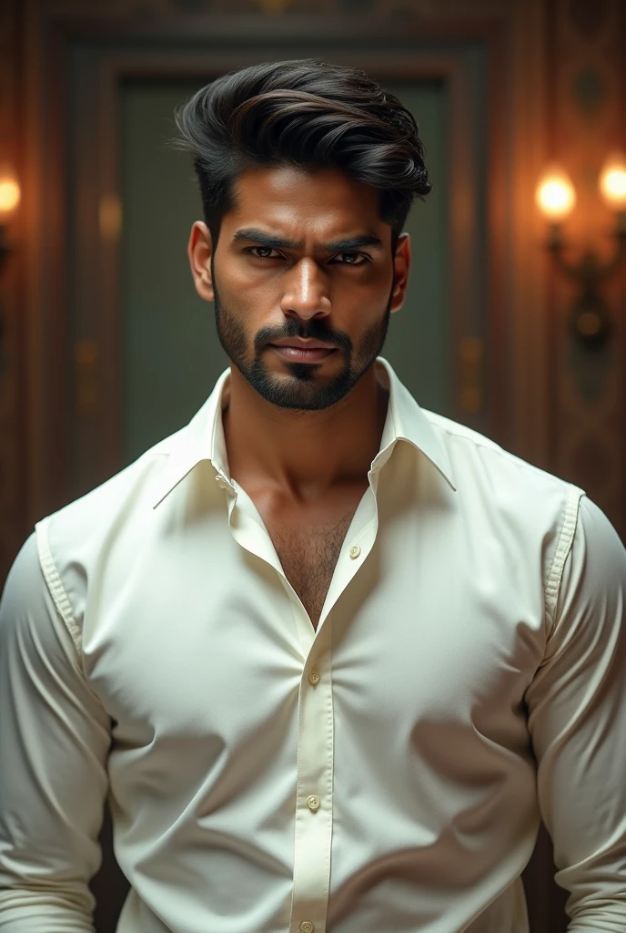 A fair white skinned indian man wearing a short pant and an unbuttoned shirt,  showing his chest,cleavage, nsfw, handsome face, short beard,homoerotic 