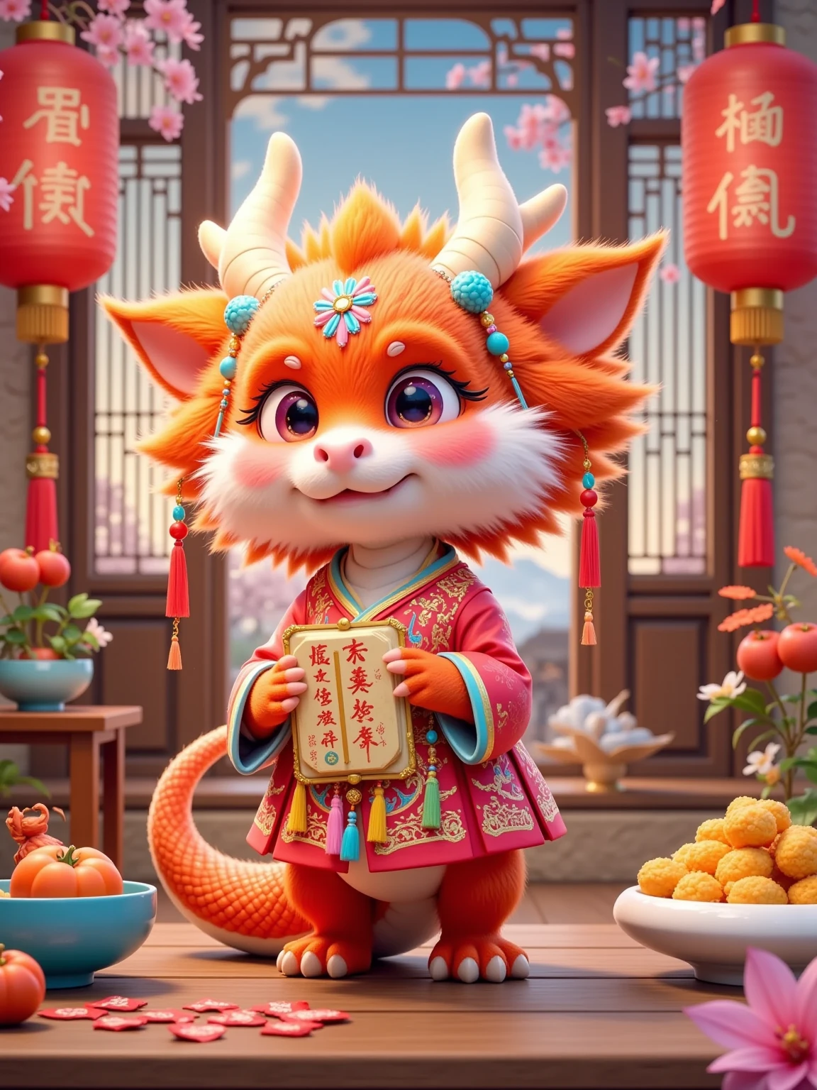 Cute, (little dragon), (orange hair), fluffy, exquisite dragon horn headdress, decorated with blue-green beads. Xiaolong is wearing a red traditional costume with white fur edges and embroidered with gold patterns. He holds a golden ingot with red words on his chest. The dragon is located in an indoor scene. There are blue bowls and orange-red persimmons on the small table on the left, red stickers with red letters scattered on the ground, and a white plate piled with golden food on the right. The background is wooden doors and windows, with red pepper strings and red lanterns hung on the doors and windows. The lanterns have words on them. Outside the window are the snowy mountains and plum blossoms, which is full of festive New Year atmosphere.