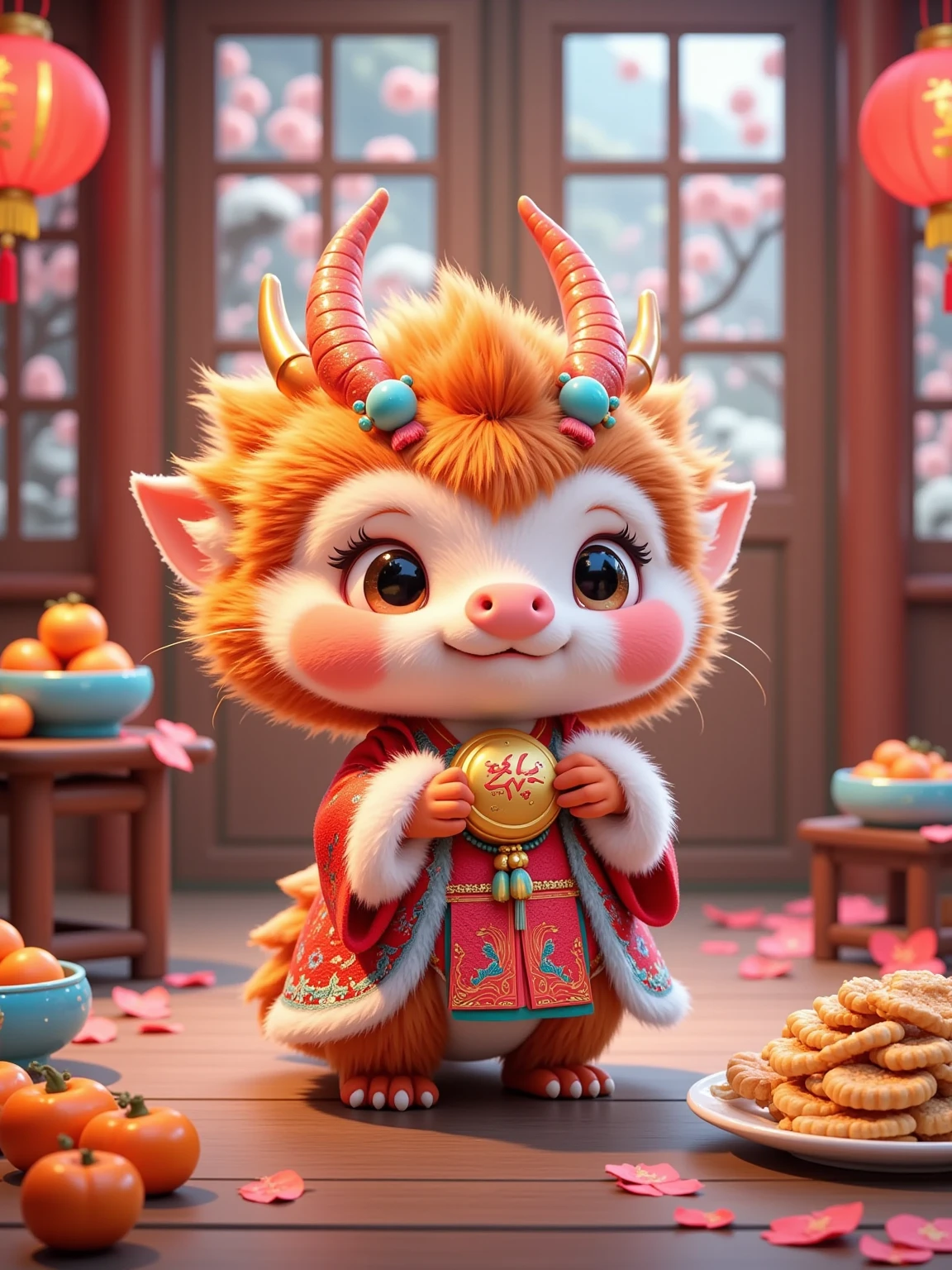 Cute, (little dragon), (orange hair), fluffy, exquisite dragon horn headdress, decorated with blue-green beads. Xiaolong is wearing a red traditional costume with white fur edges and embroidered with gold patterns. He holds a golden ingot with red words on his chest. The dragon is located in an indoor scene. There are blue bowls and orange-red persimmons on the small table on the left, red stickers with red letters scattered on the ground, and a white plate piled with golden food on the right. The background is wooden doors and windows, with red pepper strings and red lanterns hung on the doors and windows. The lanterns have words on them. Outside the window are the snowy mountains and plum blossoms, which is full of festive New Year atmosphere.