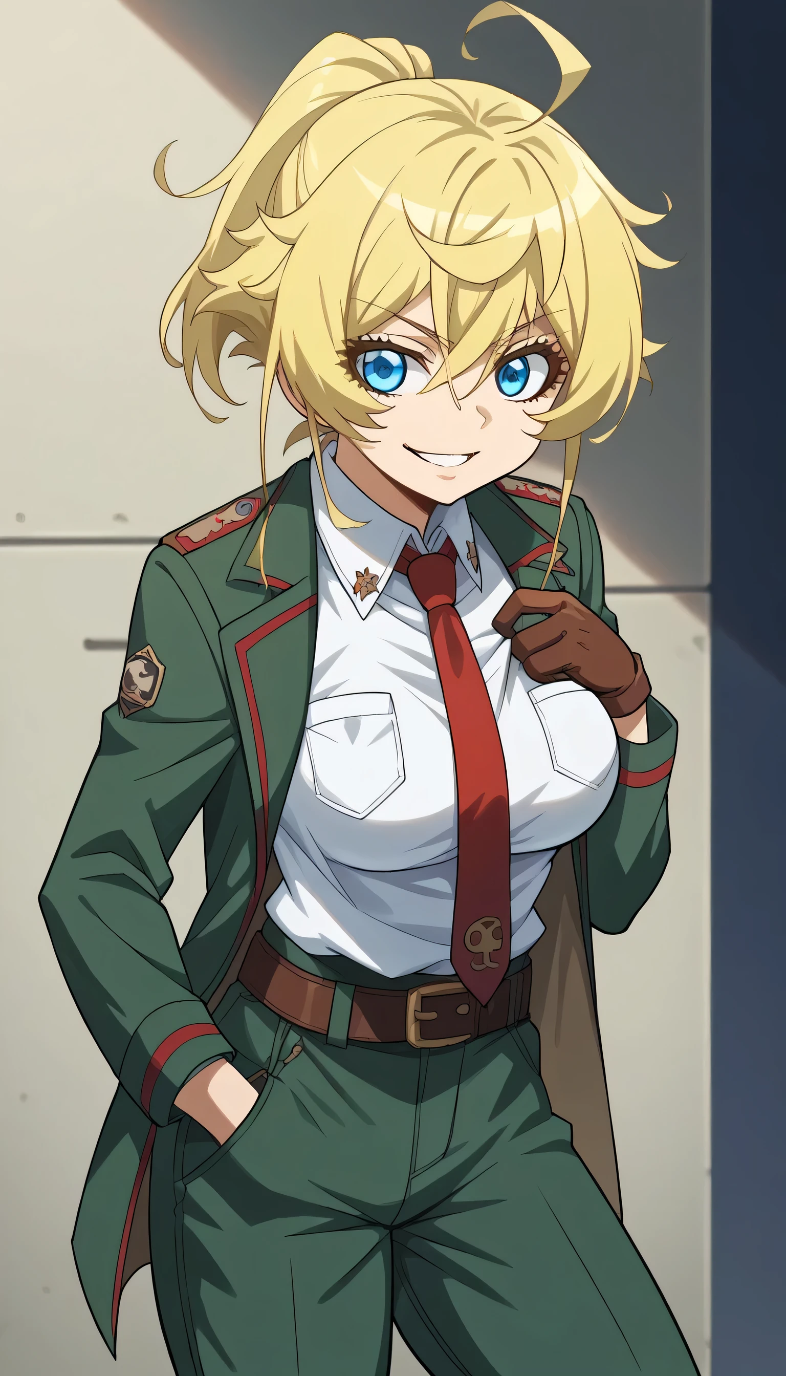 1girls, solo, female_focus, necktie, formal, gloves, suit, , adjusting_clothes, belt, hand_in_pocket, shirt,, , jacket, pants, long_sleeves,large breast,tanya degurechaff, short hair, blue eyes, blonde hair, hair between eyes, sidelocks, ahoge, ponytail, short ponytail,smile