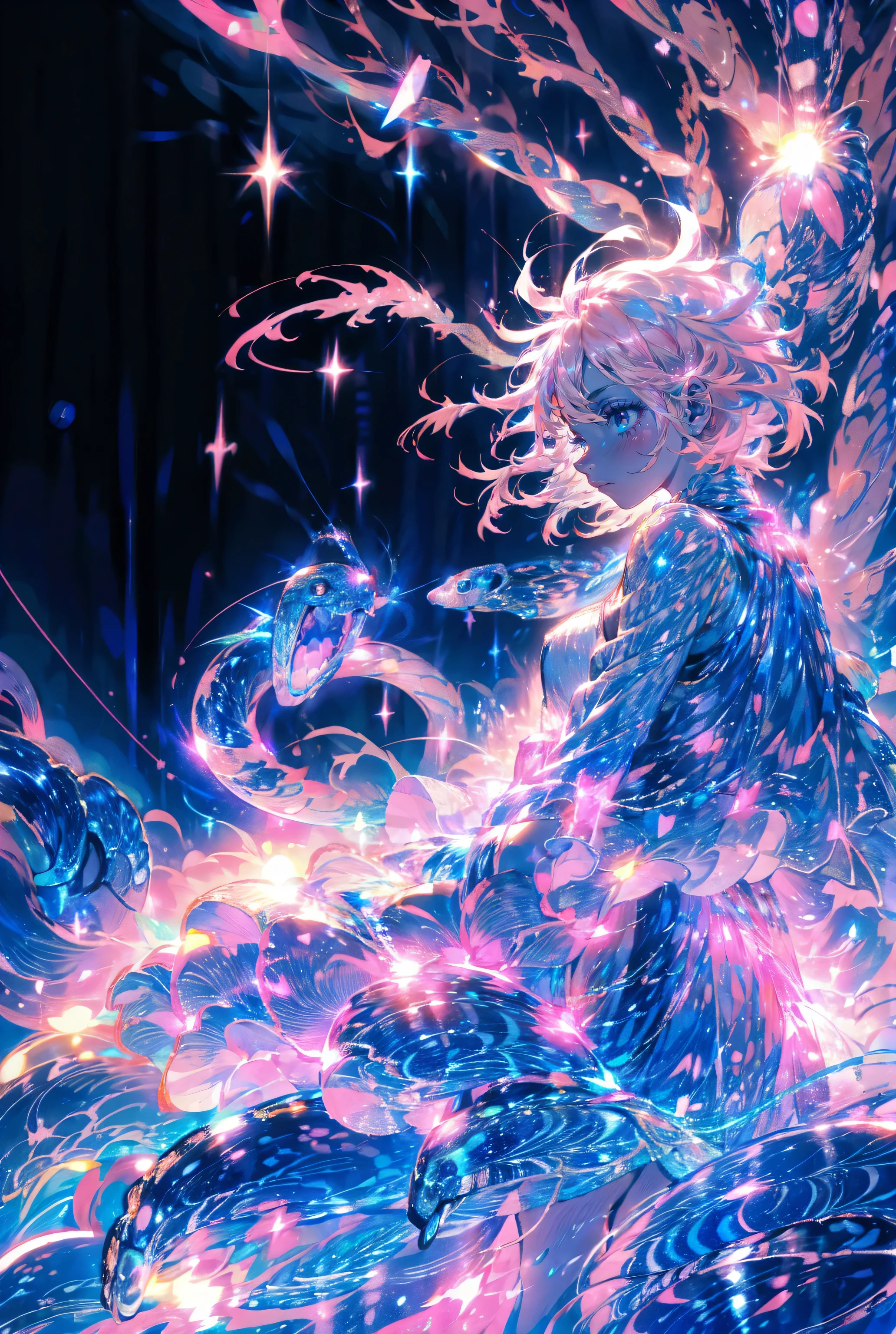 1lady,cool,(((pink short hair,blue eyes))),
snake,brilliant,lightning,sparkle,