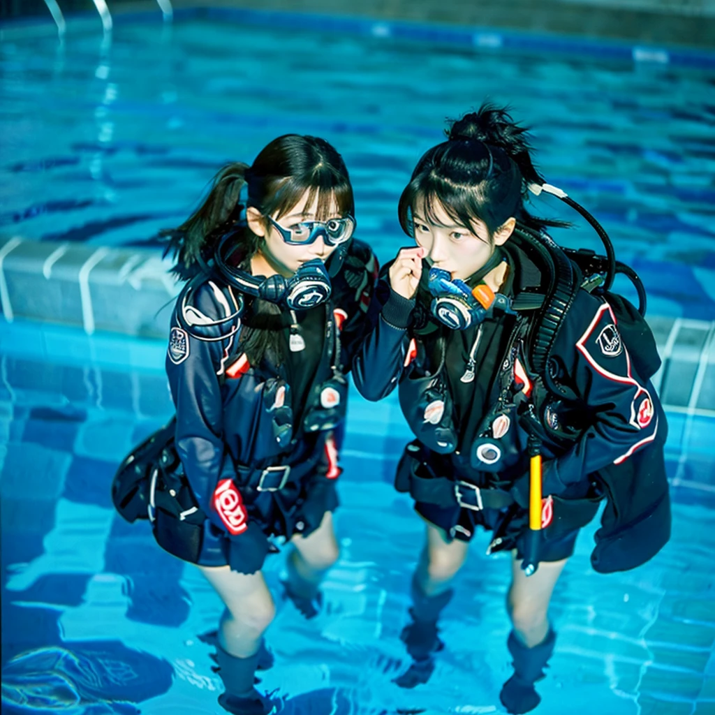  top quality , Two Japanese  girls wearing rubber suits and holding scuba regulator mouthpieces without masks in the pool